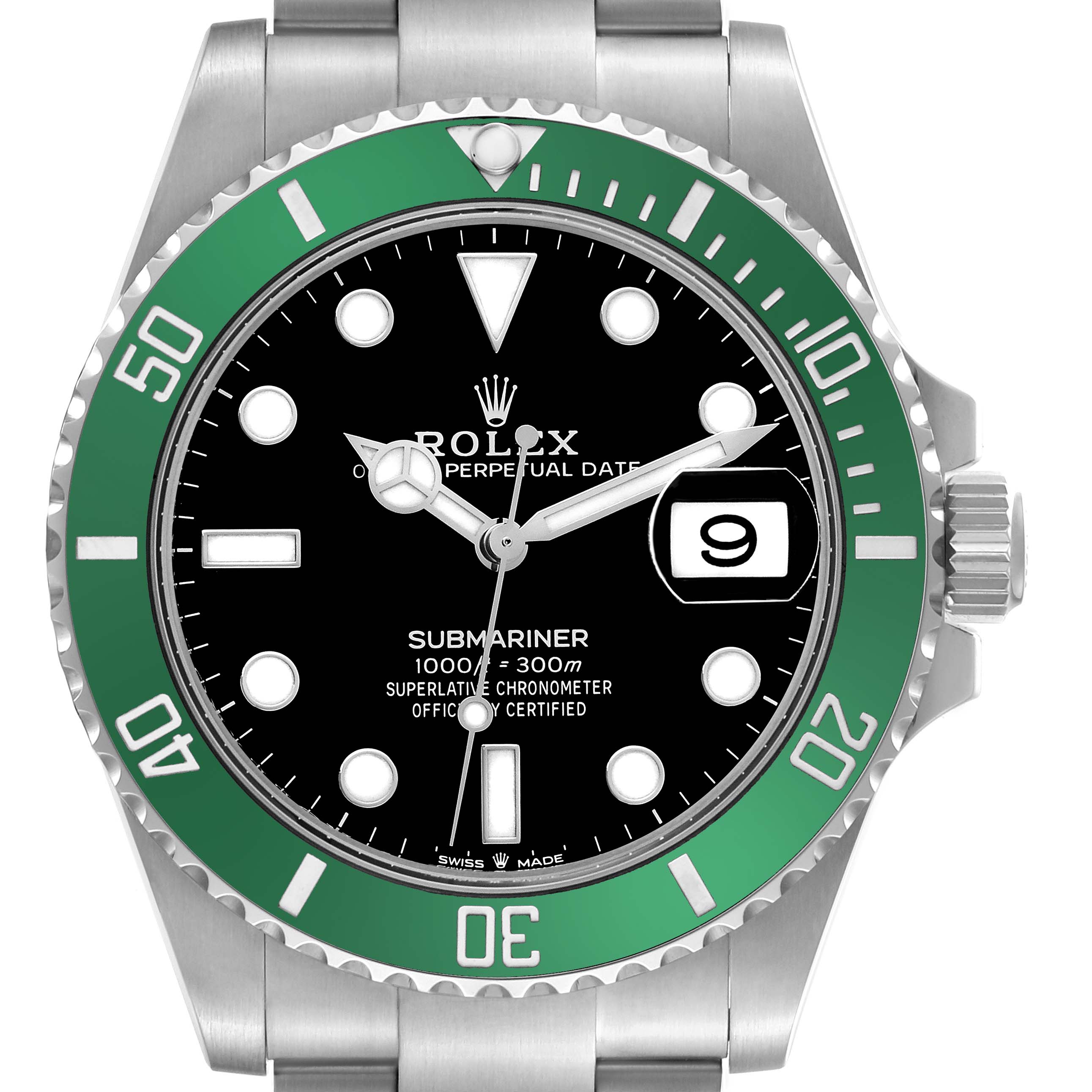 The image shows a front view of a Rolex Submariner 126610LV Men's Stainless Steel Black Dial 126610LV Men's Stainless Steel Black Dial with a green bezel, black dial, and date window.