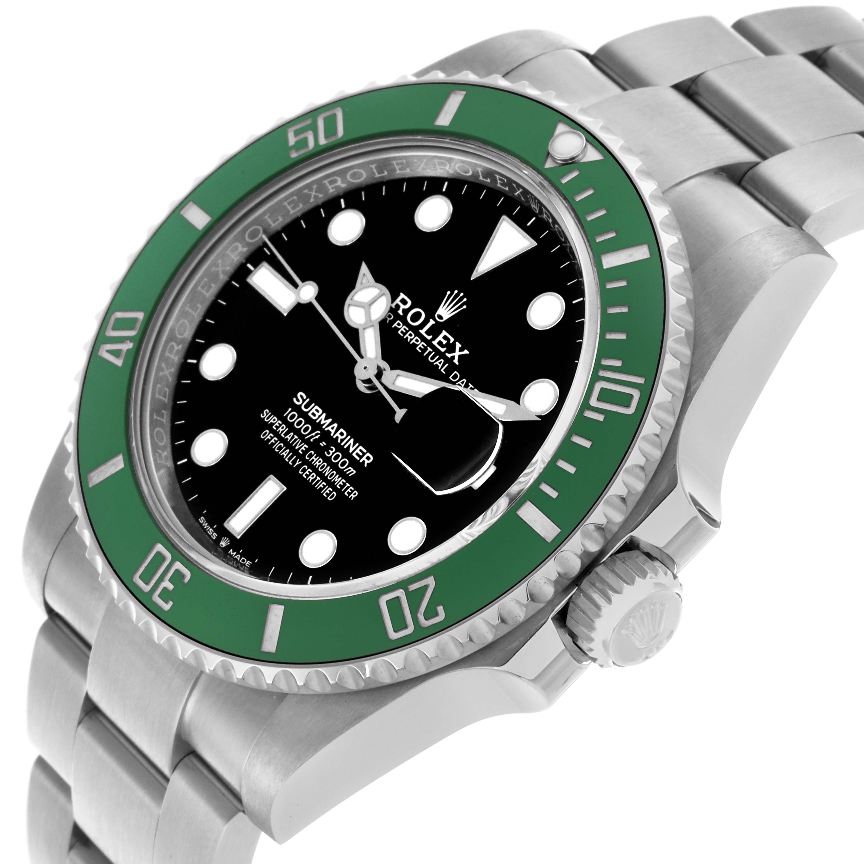 The Rolex Submariner 126610LV Men's Stainless Steel Black Dial 126610LV Men's Stainless Steel Black Dial watch is shown at an angled view, highlighting its green bezel, dial, crown, and part of the bracelet.