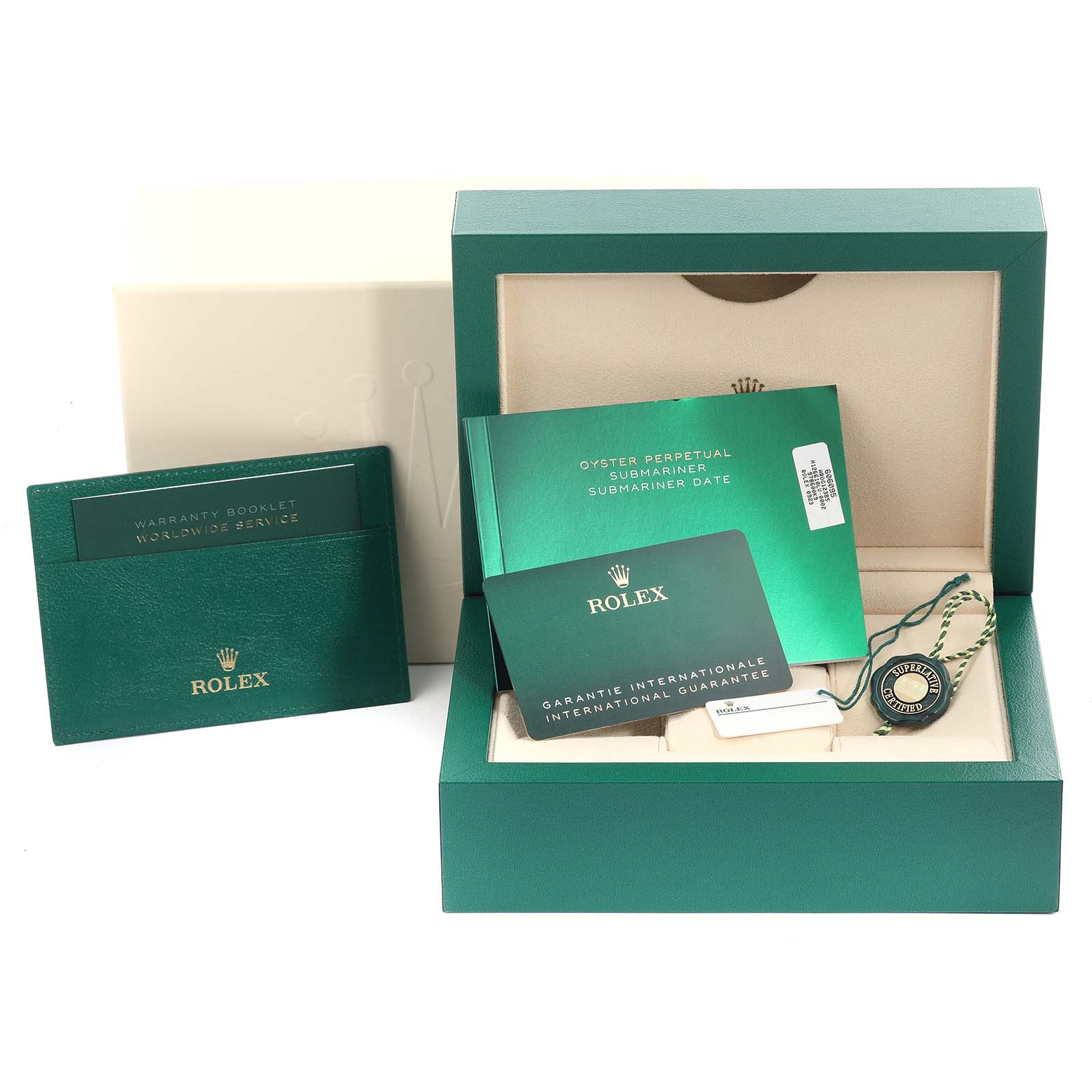 The image shows the accessory set of a Rolex Submariner 126610LV Men's Stainless Steel Black Dial 126610LV Men's Stainless Steel Black Dial, including a box, warranty card, and booklet.