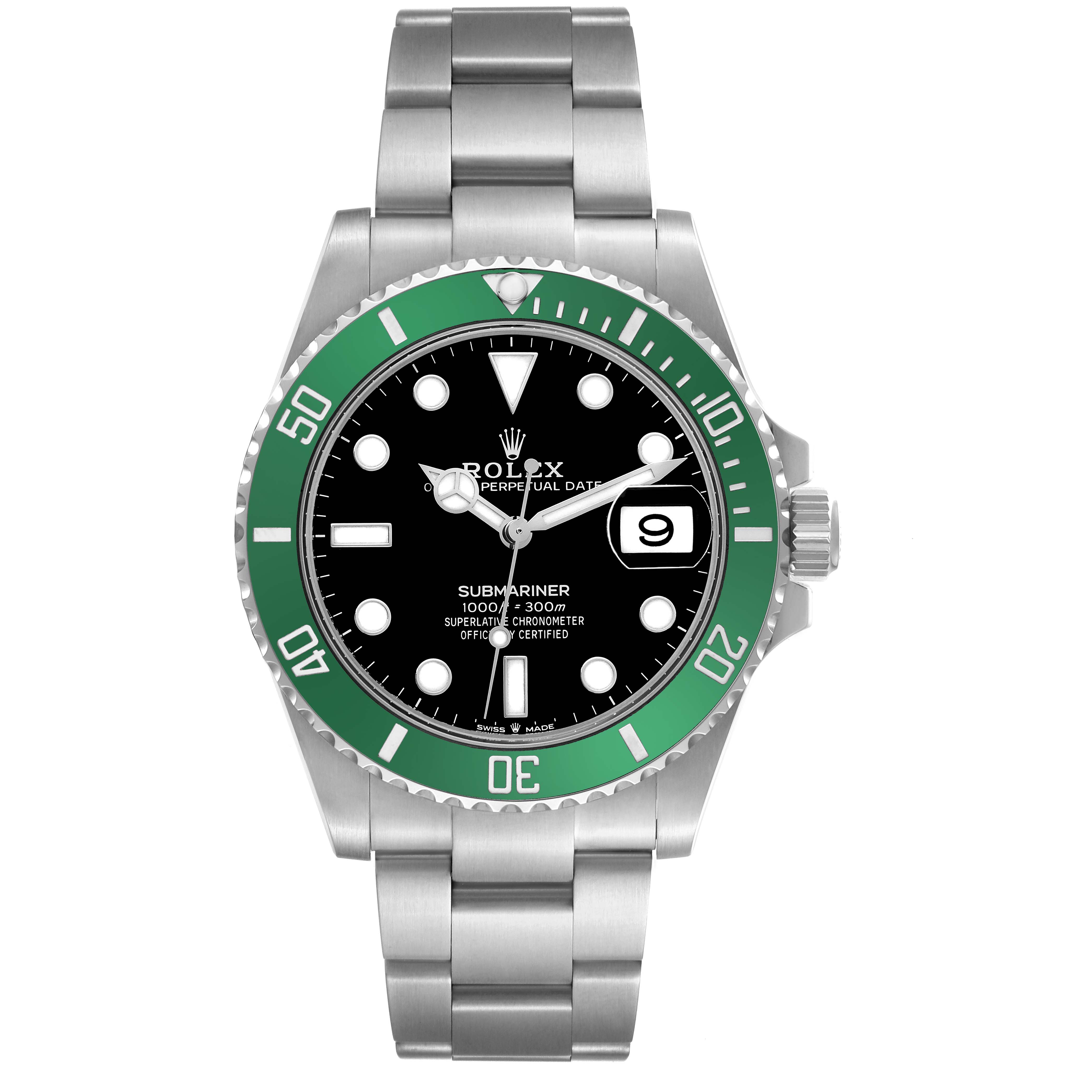 The Rolex Submariner 126610LV Men's Stainless Steel Black Dial 126610LV Men's Stainless Steel Black Dial is shown from the front, displaying the watch face, green bezel, and metal bracelet.