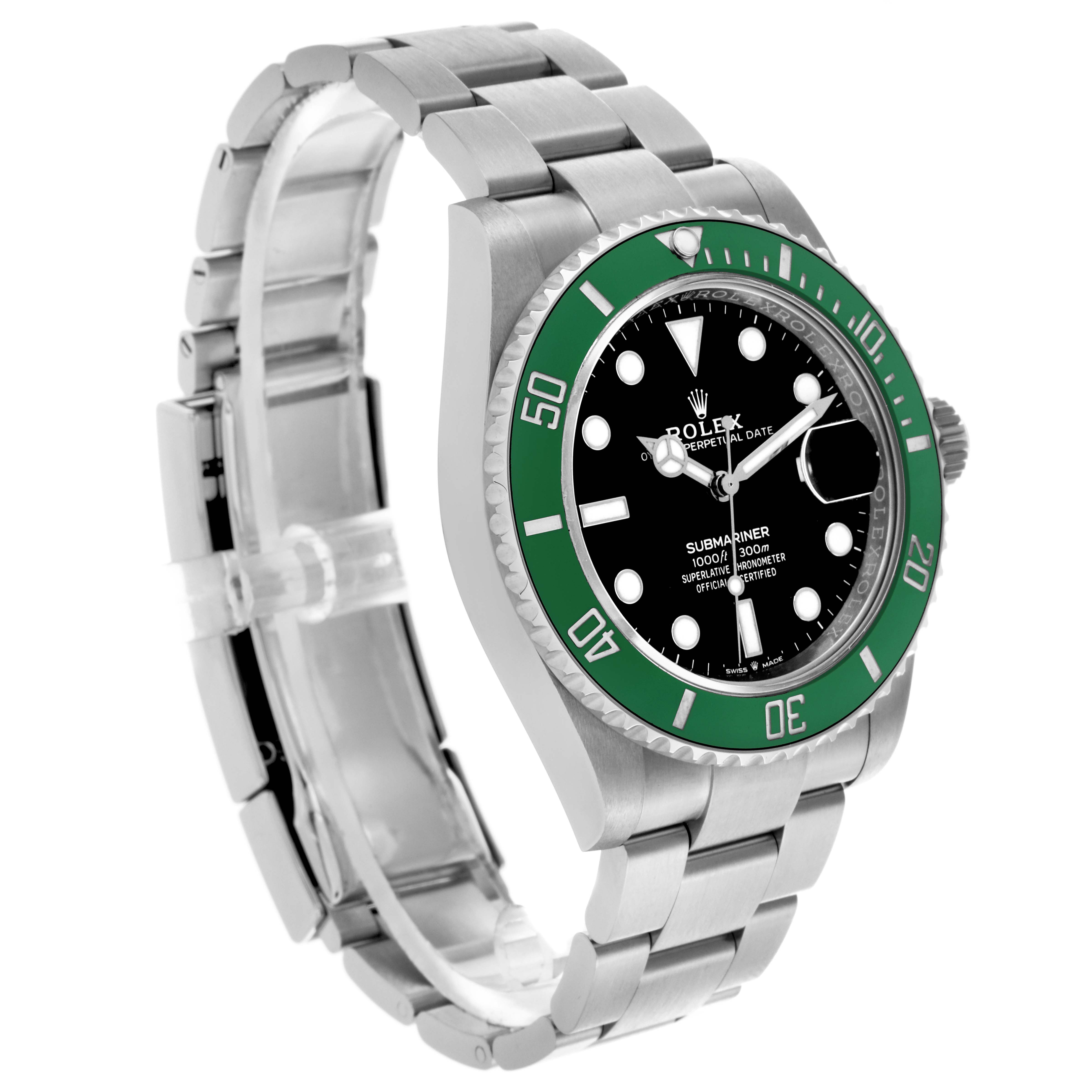 The Rolex Submariner 126610LV Men's Stainless Steel Black Dial 126610LV Men's Stainless Steel Black Dial watch is shown at a three-quarter angle, highlighting the green bezel, black dial, and stainless steel bracelet.