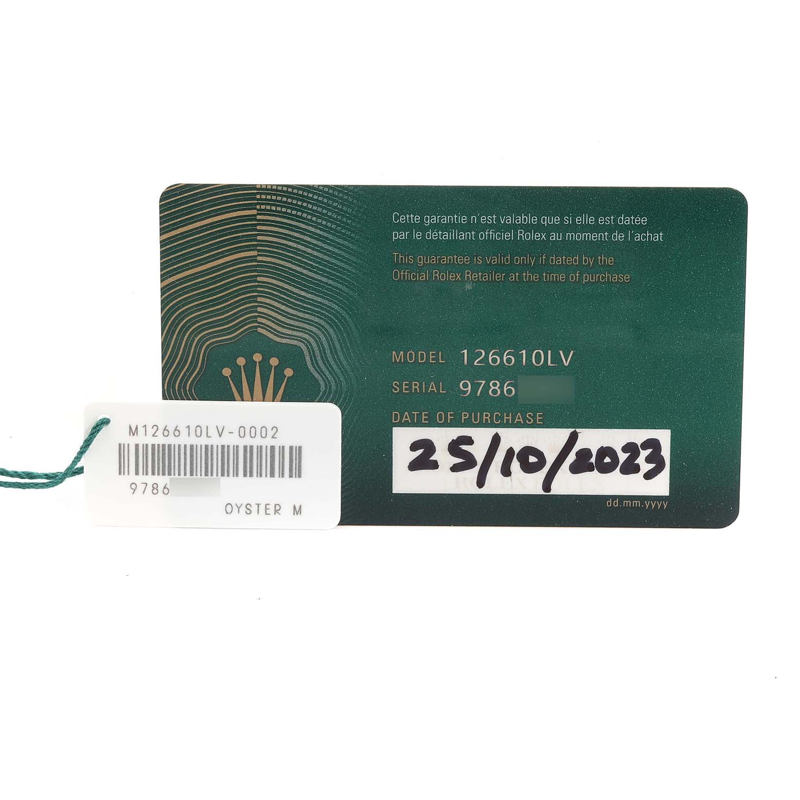 The image shows a warranty card for a Rolex Submariner 126610LV Men's Stainless Steel Black Dial 126610LV Men's Stainless Steel Black Dial 126610LV, detailing model, serial number, and purchase date.