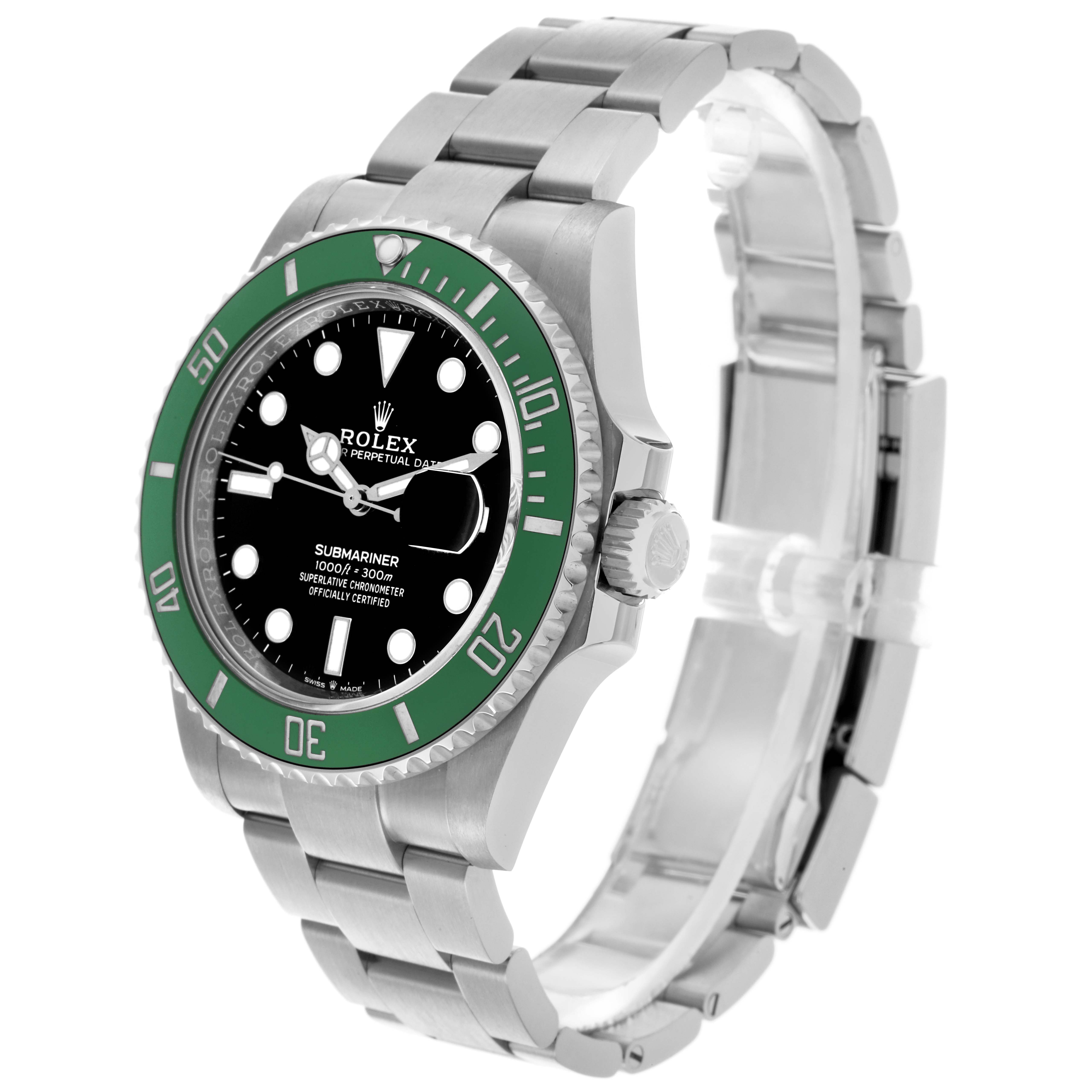 The Rolex Submariner 126610LV Men's Stainless Steel Black Dial 126610LV Men's Stainless Steel Black Dial watch is shown at an angled front view, displaying its face, bezel, and bracelet.