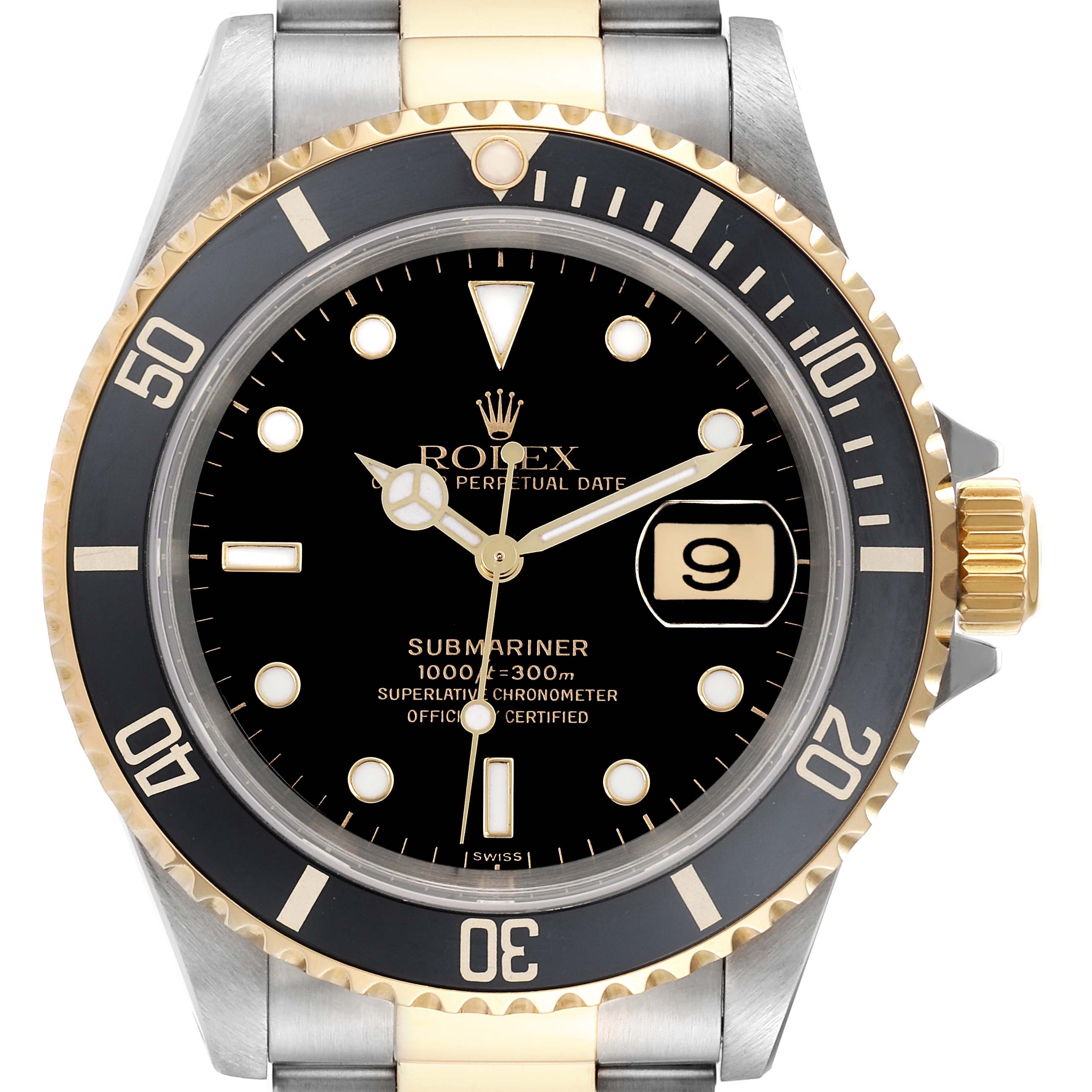 The Rolex Submariner 16613 Men's Steel and Gold (two tone) Black Dial 16613 Men's Steel and Gold (two tone) Black Dial watch is shown from a front angle, displaying its black dial, gold and steel bezel, and bracelet.