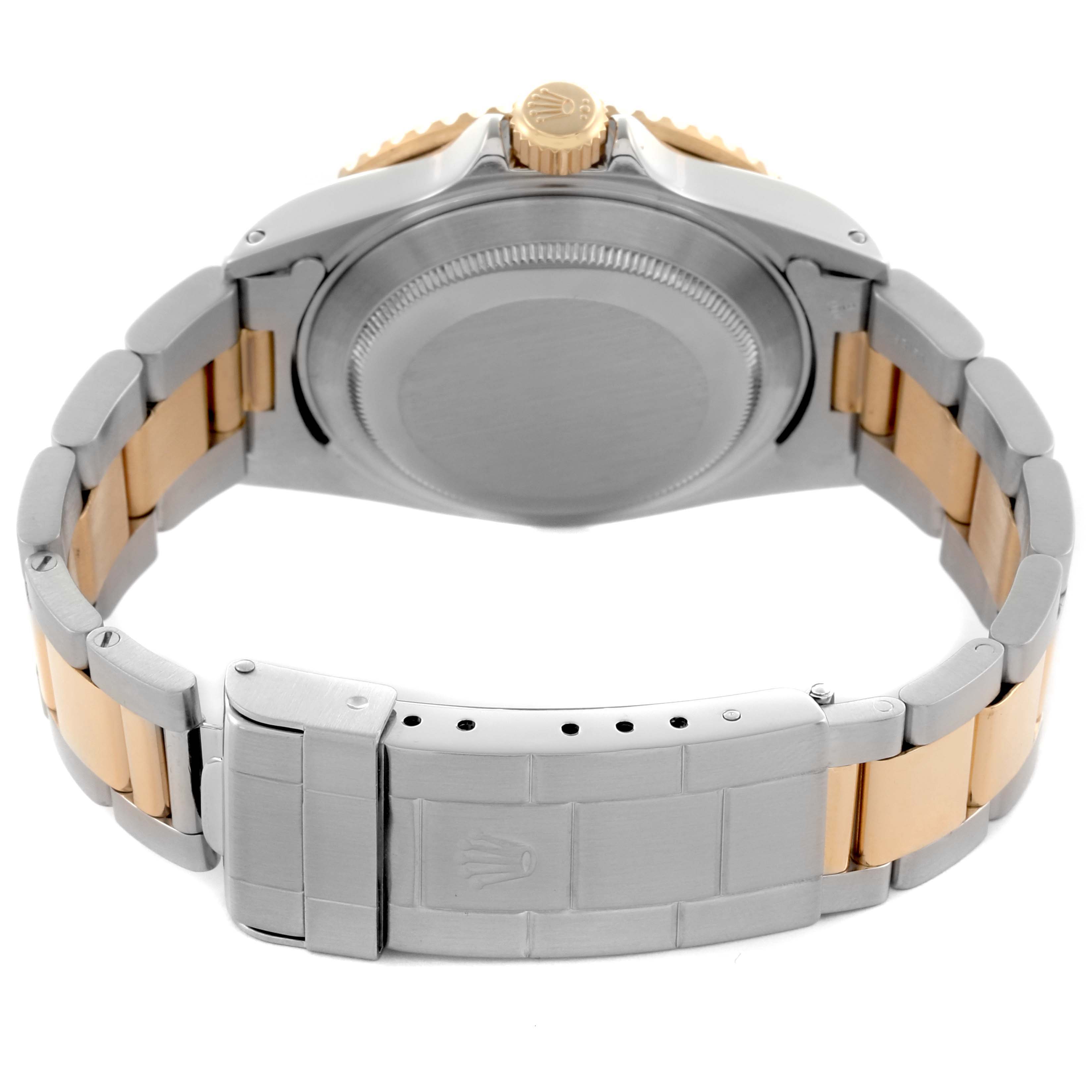 The image shows the back of a Rolex Submariner 16613 Men's Steel and Gold (two tone) Black Dial 16613 Men's Steel and Gold (two tone) Black Dial, highlighting the case back, bracelet, and clasp.