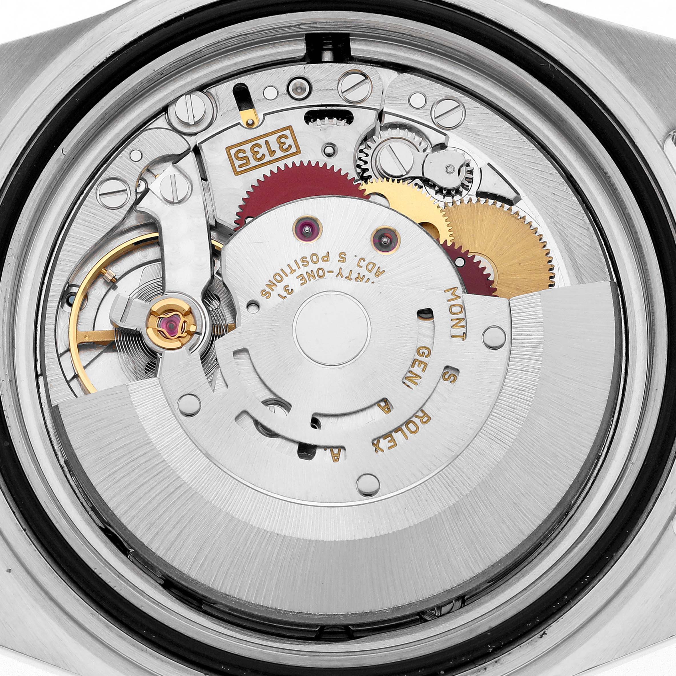 The image shows the movement of a Rolex Submariner 16613 Men's Steel and Gold (two tone) Black Dial 16613 Men's Steel and Gold (two tone) Black Dial watch viewed from the back, focusing on gears and rotor.