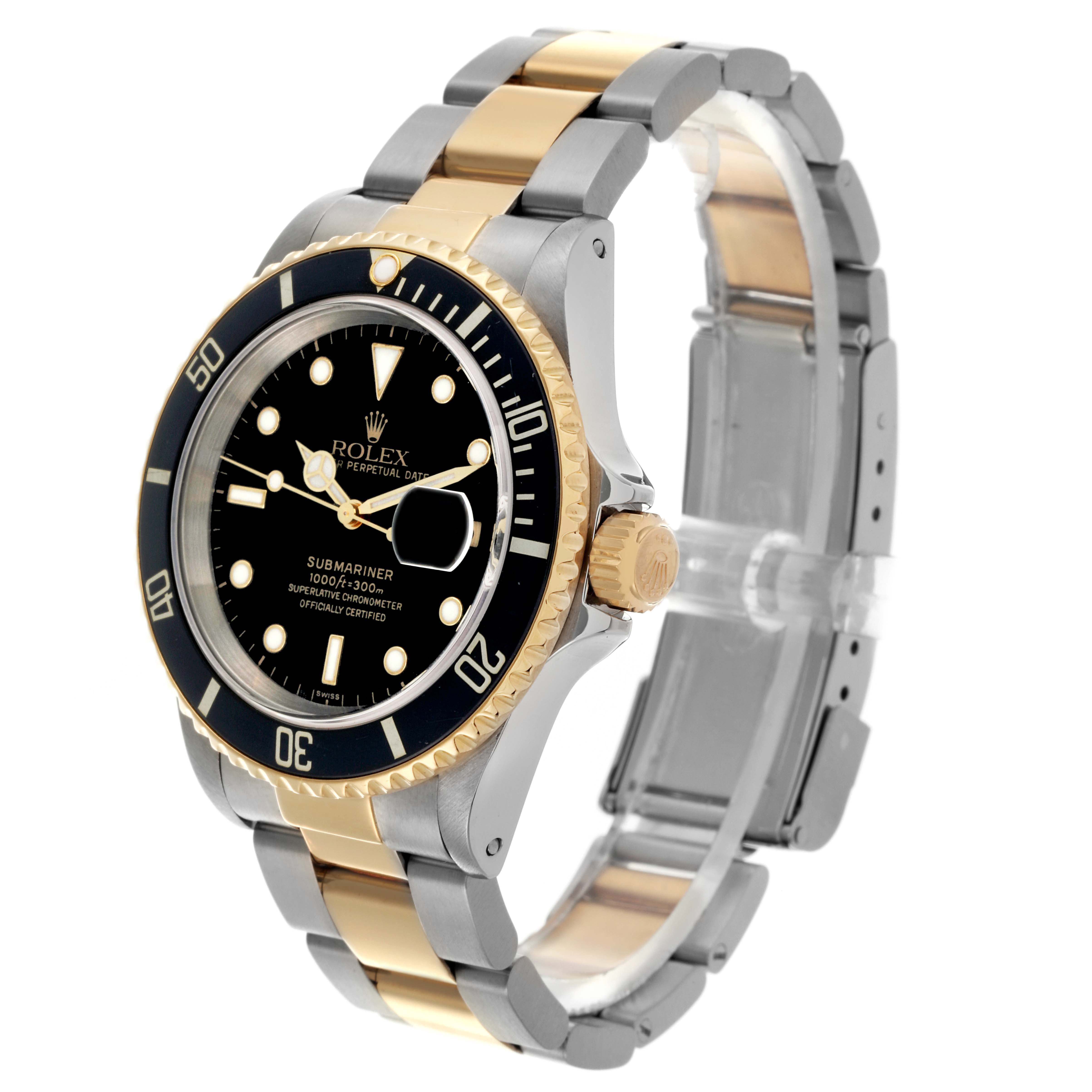 The Rolex Submariner 16613 Men's Steel and Gold (two tone) Black Dial 16613 Men's Steel and Gold (two tone) Black Dial watch is shown at an angled side view, highlighting the bezel, face, crown, and bracelet.
