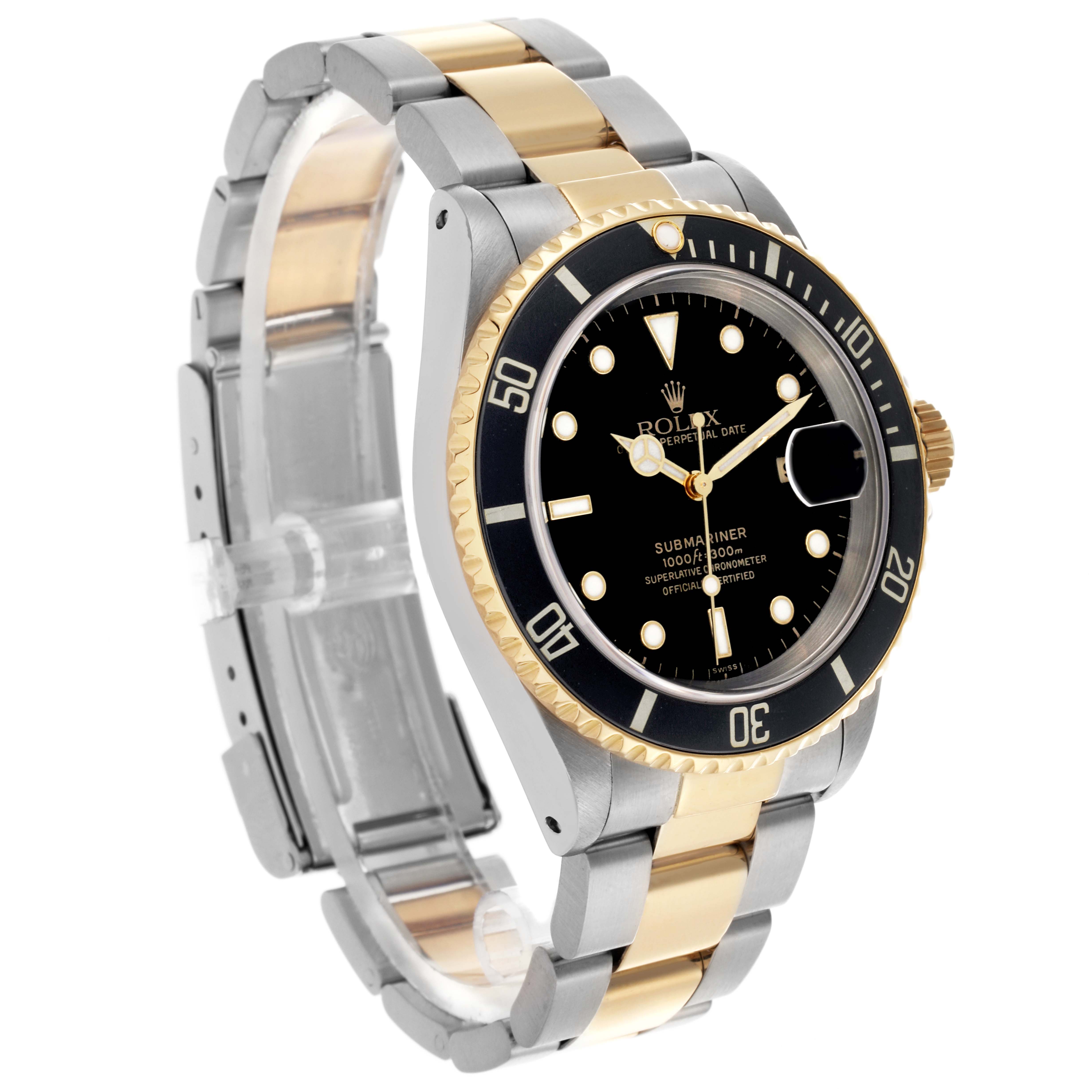The Rolex Submariner 16613 Men's Steel and Gold (two tone) Black Dial 16613 Men's Steel and Gold (two tone) Black Dial watch is shown at a three-quarter angle, highlighting the dial, bezel, and two-tone bracelet.