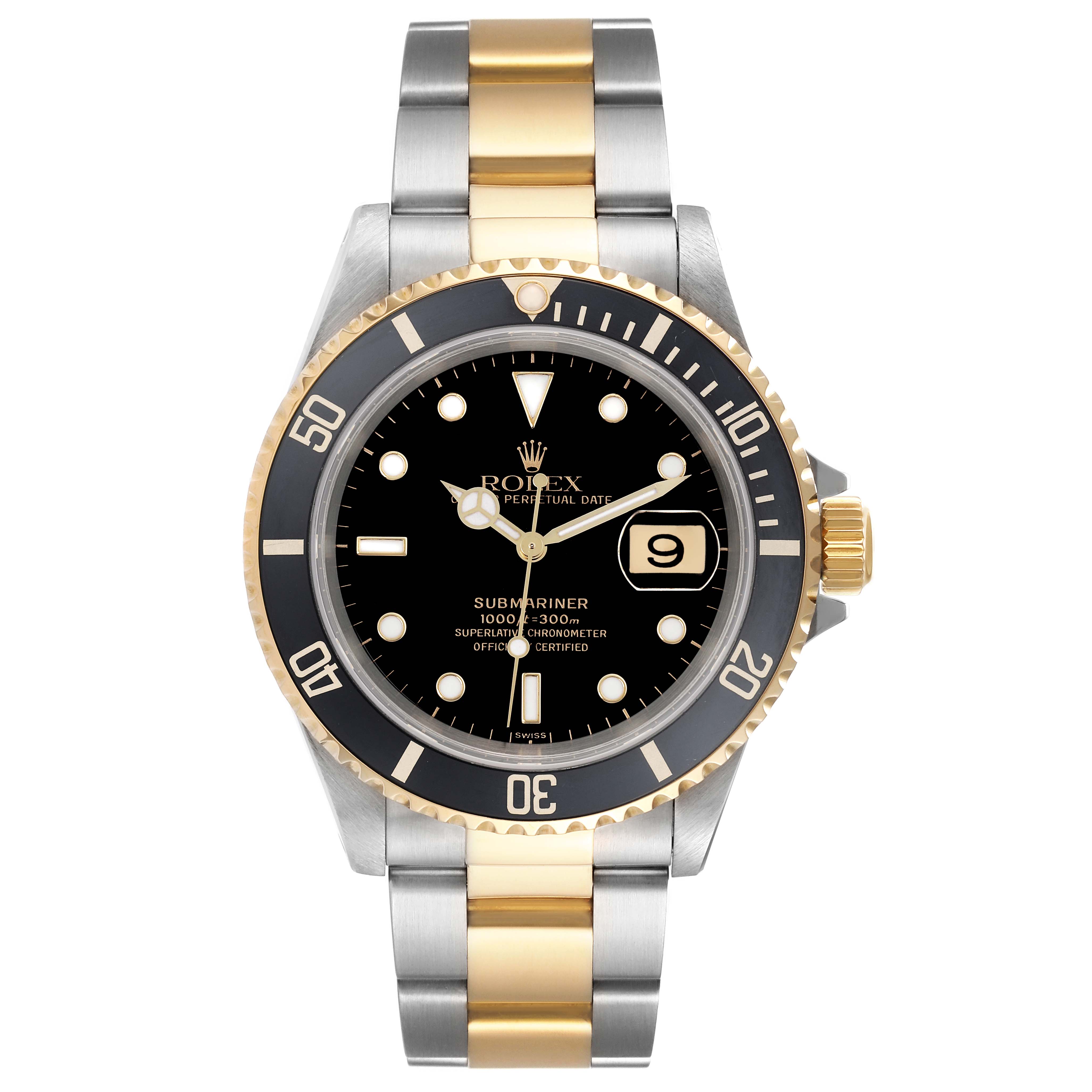 The Rolex Submariner 16613 Men's Steel and Gold (two tone) Black Dial 16613 Men's Steel and Gold (two tone) Black Dial watch is shown from the front, displaying the face, bezel, and bracelet.