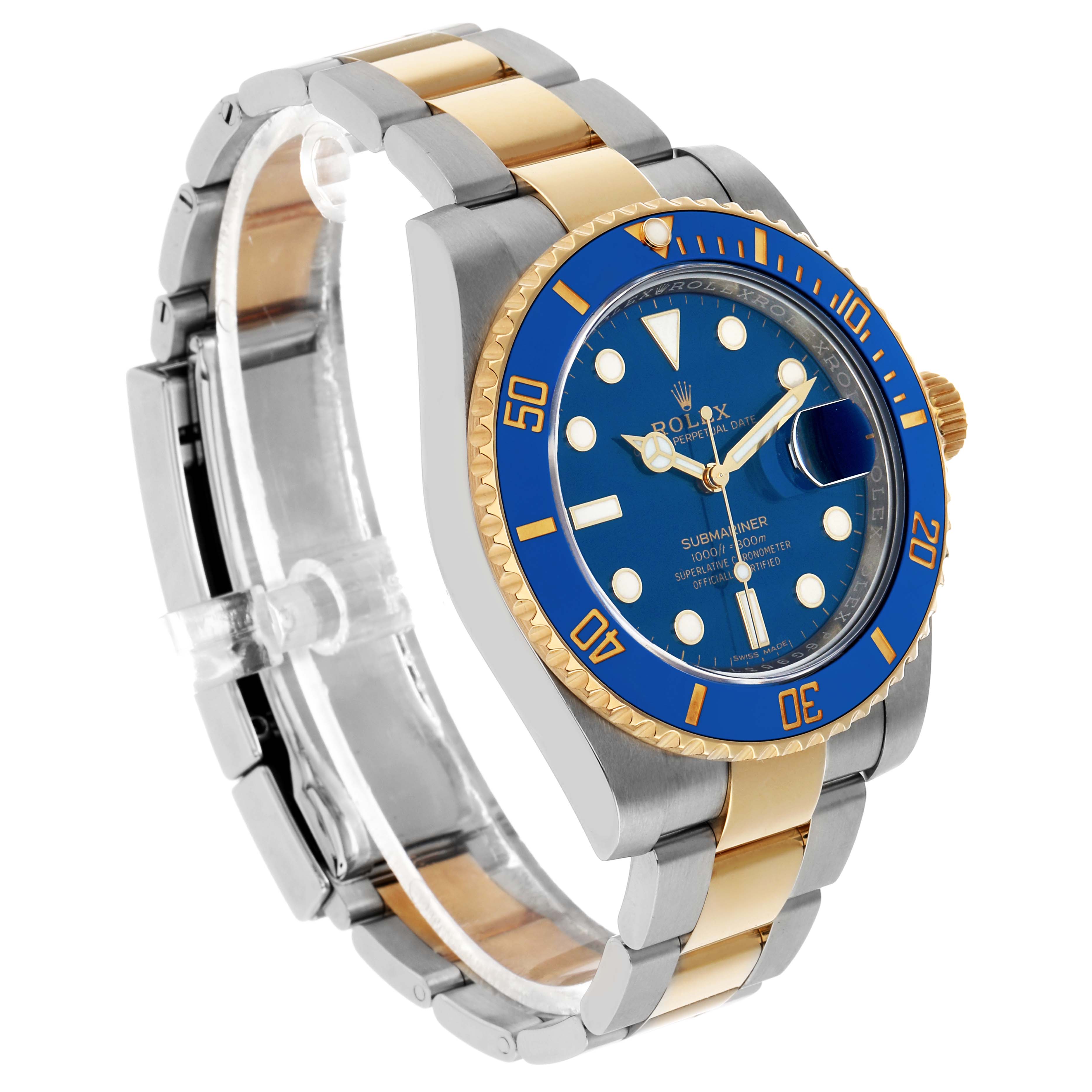 The Rolex Submariner 116613 Men's Steel and Gold (two tone) Blue Dial watch is shown from a three-quarter angle, highlighting the blue dial, bezel, and two-tone band.