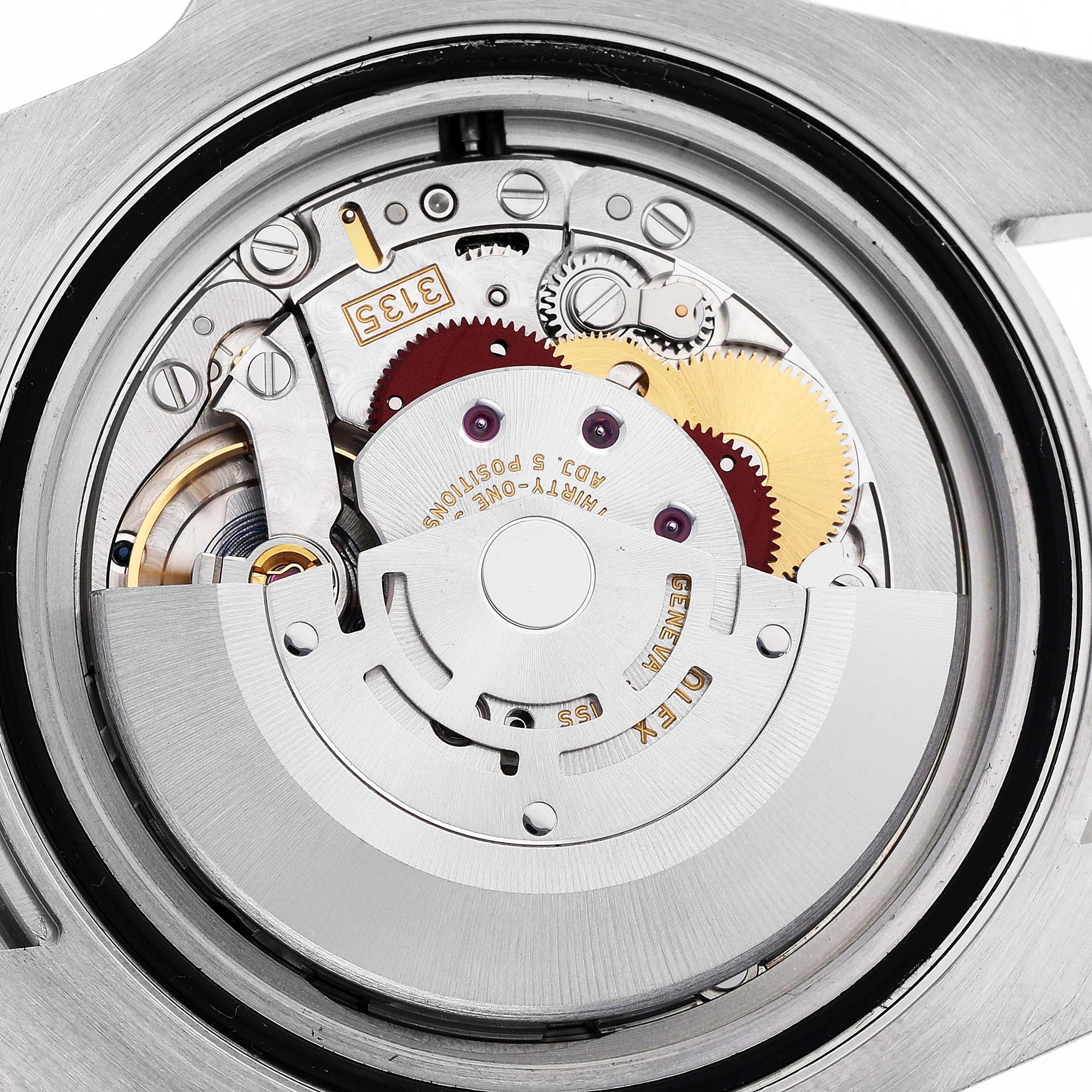 The image shows the exposed movement of a Rolex Submariner 116613 Men's Steel and Gold (two tone) Blue Dial, highlighting gears and the rotor from a rear angle.