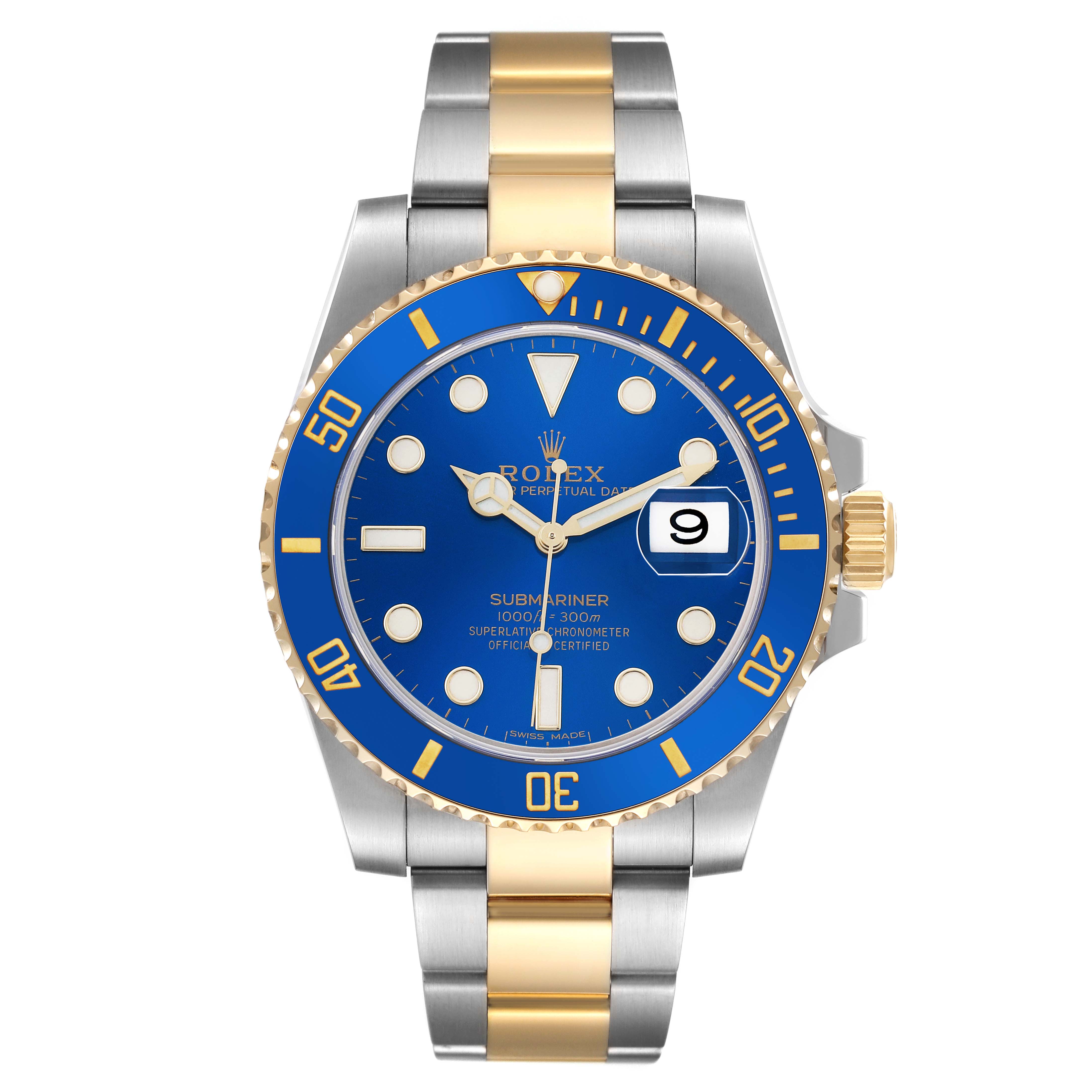 The Rolex Submariner 116613 Men's Steel and Gold (two tone) Blue Dial watch is shown from the front, highlighting the blue dial, bezel, and two-tone bracelet.