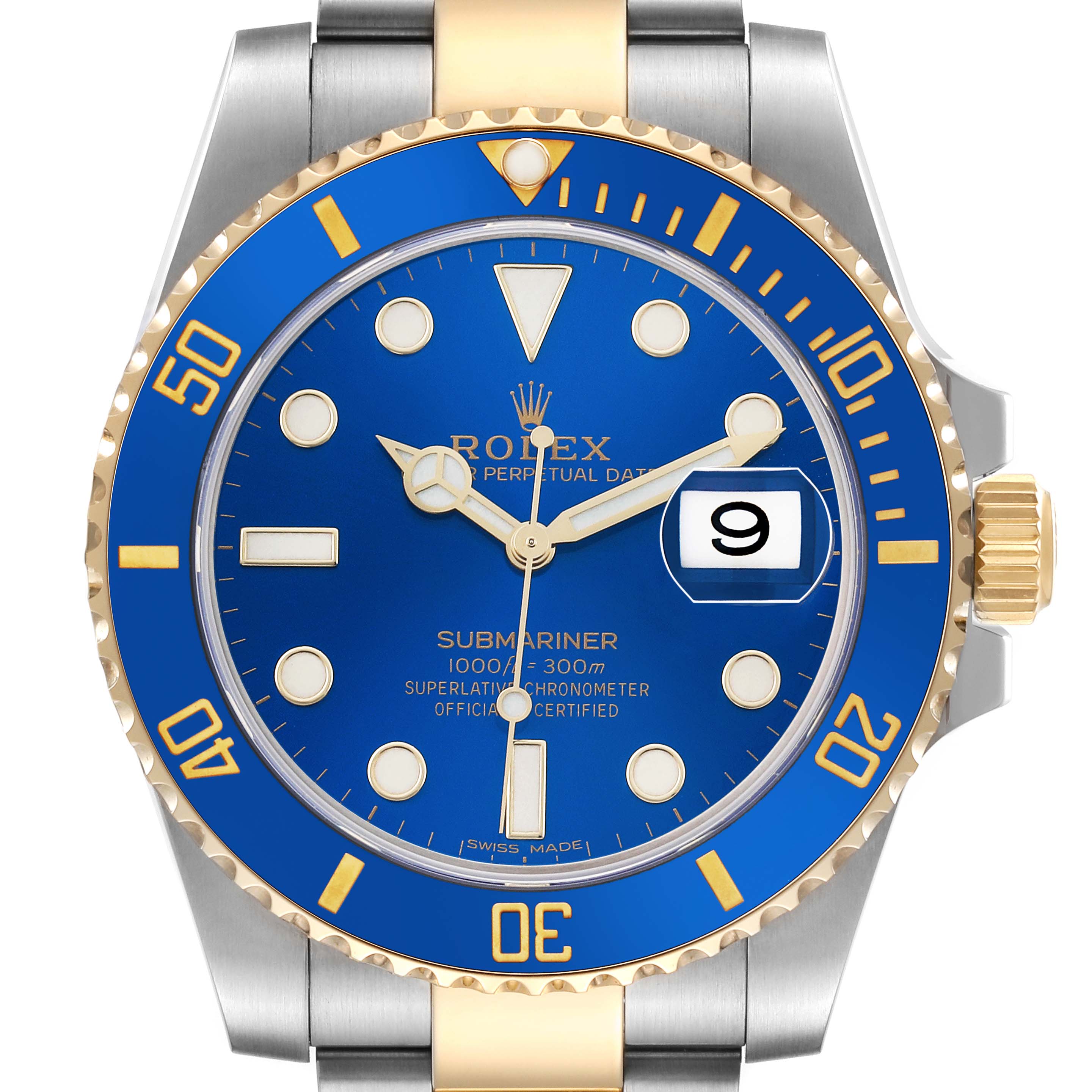 The Rolex Submariner 116613 Men's Steel and Gold (two tone) Blue Dial watch is shown from the front, highlighting the bezel, dial, hands, and date window.