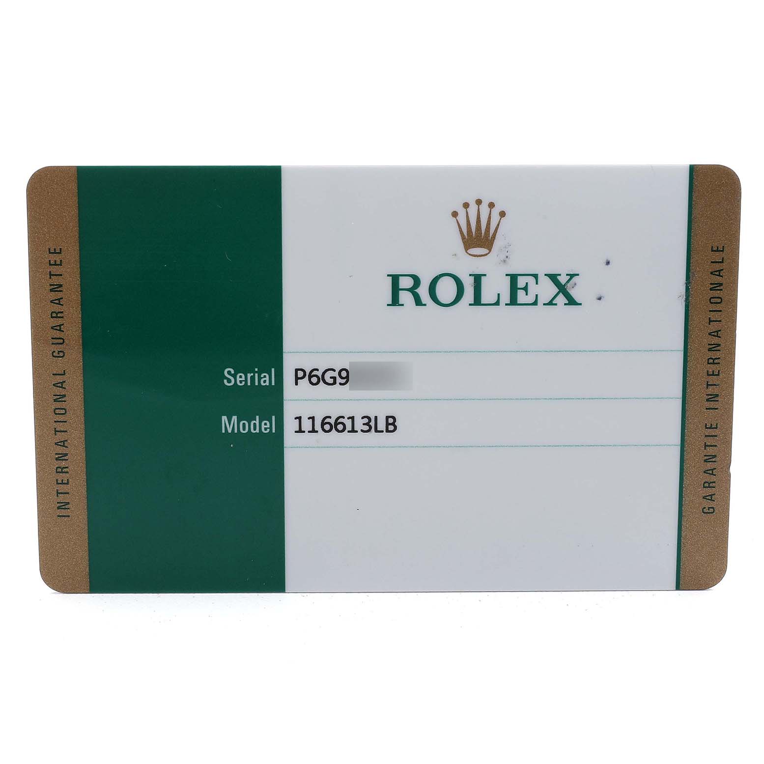 The image shows a Rolex Submariner 116613 Men's Steel and Gold (two tone) Blue Dial model guarantee card viewed head-on, displaying the serial and model number.