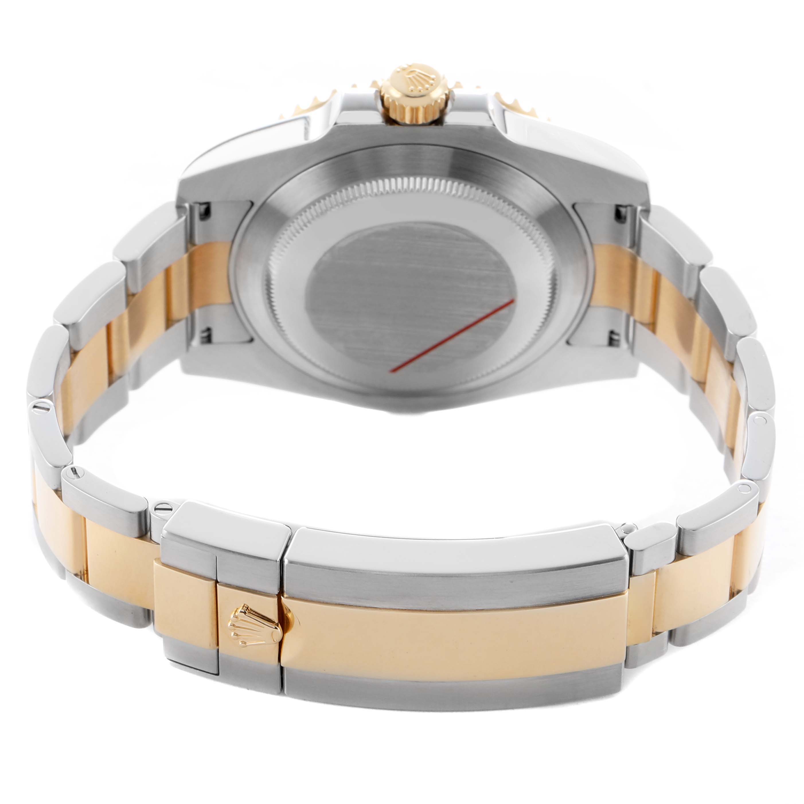 The image shows the back and bracelet of a Rolex Submariner 116613 Men's Steel and Gold (two tone) Blue Dial, highlighting the clasp and case back.