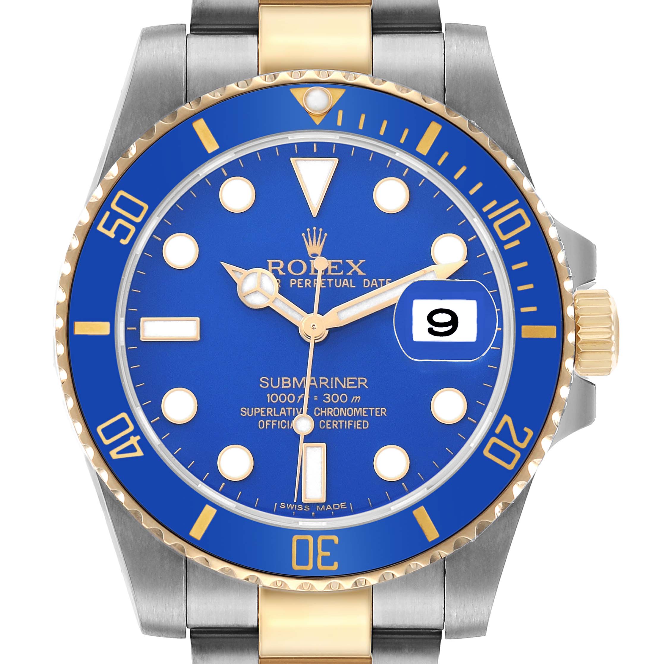 The Rolex Submariner 116613 Men's Steel and Gold (two tone) Blue Dial watch is shown from a front angle, highlighting the face, bezel, and part of the bracelet.