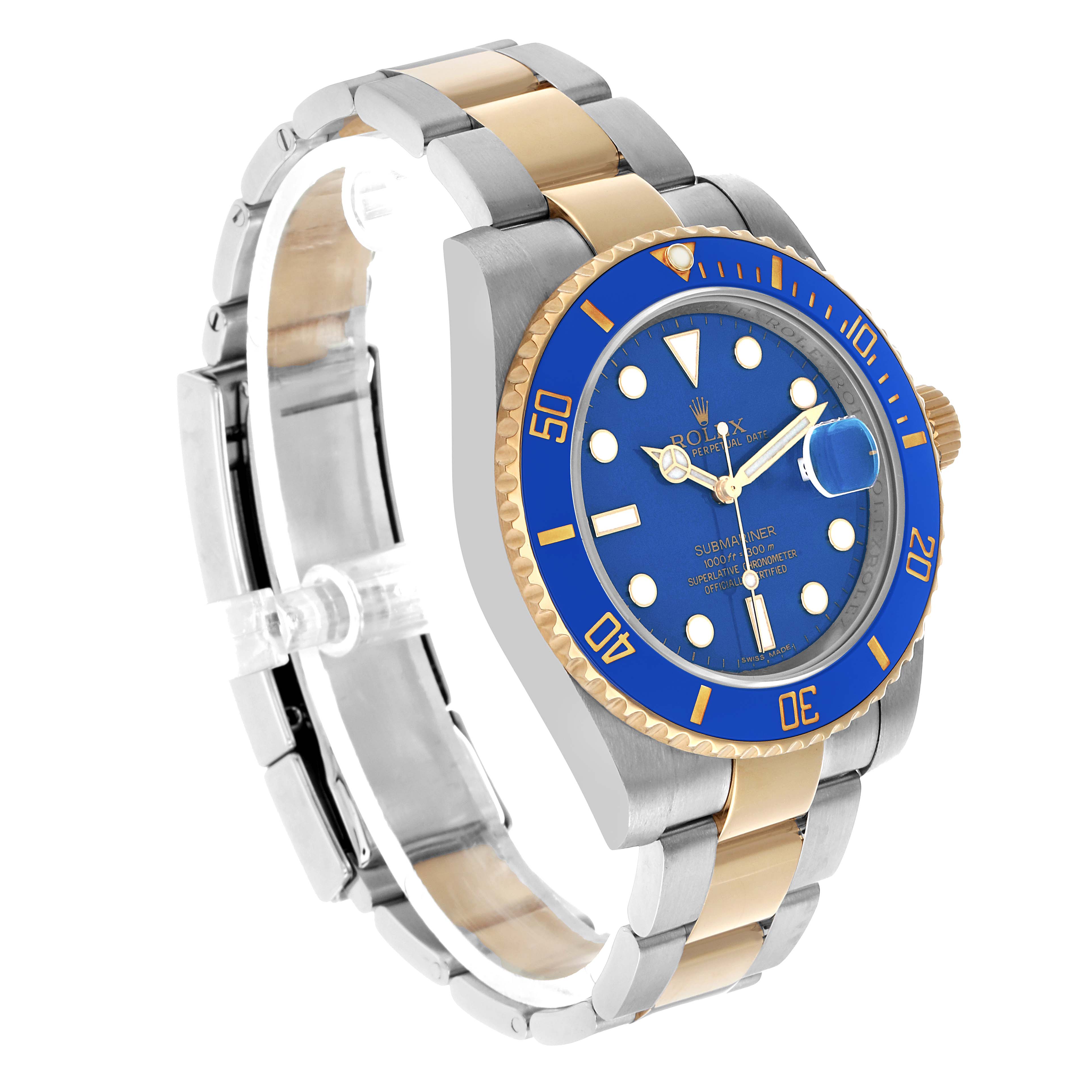 The Rolex Submariner 116613 Men's Steel and Gold (two tone) Blue Dial watch is shown at an angled view highlighting the bezel, dial, and bracelet with its two-tone design.