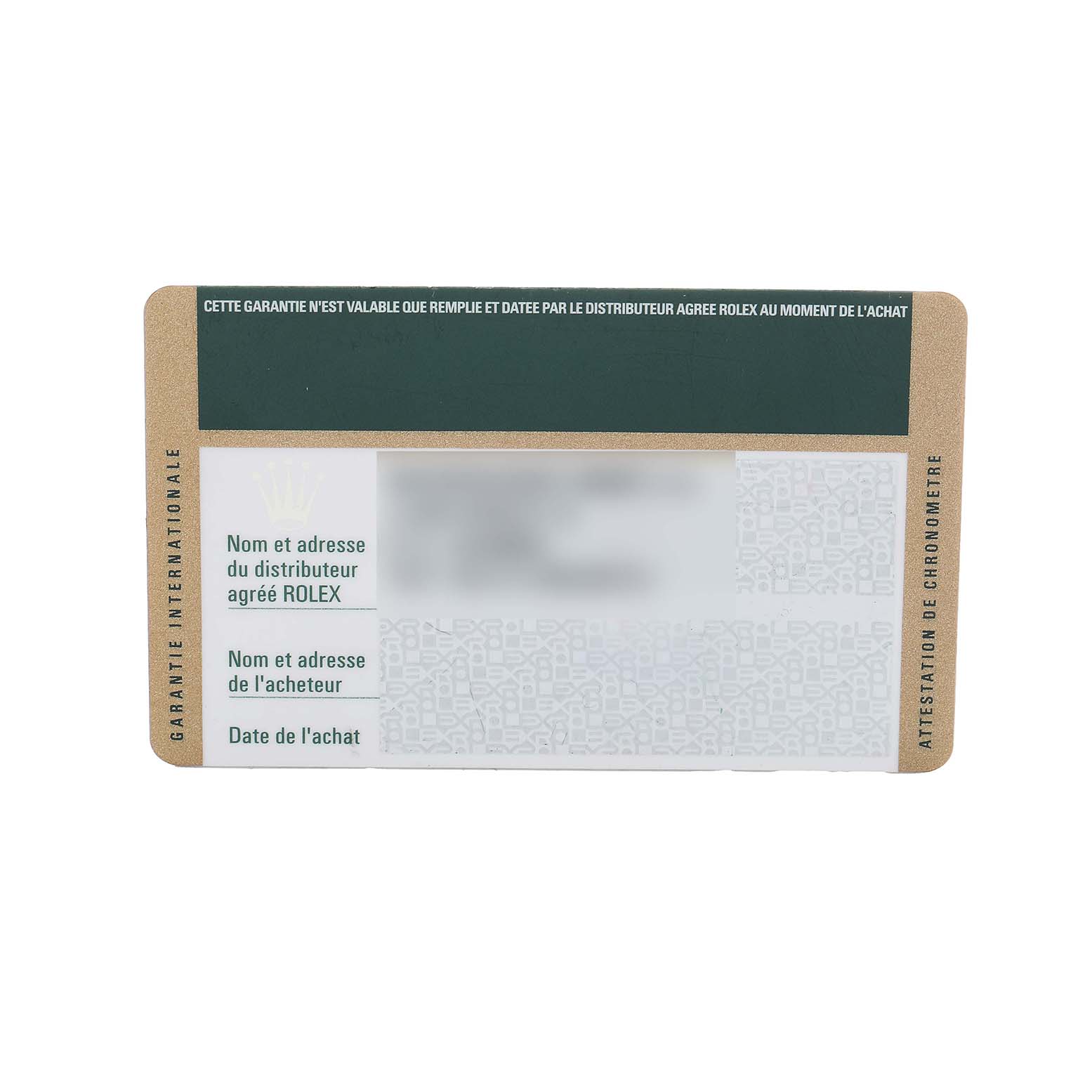 The image shows a Rolex international warranty card for a Submariner model.