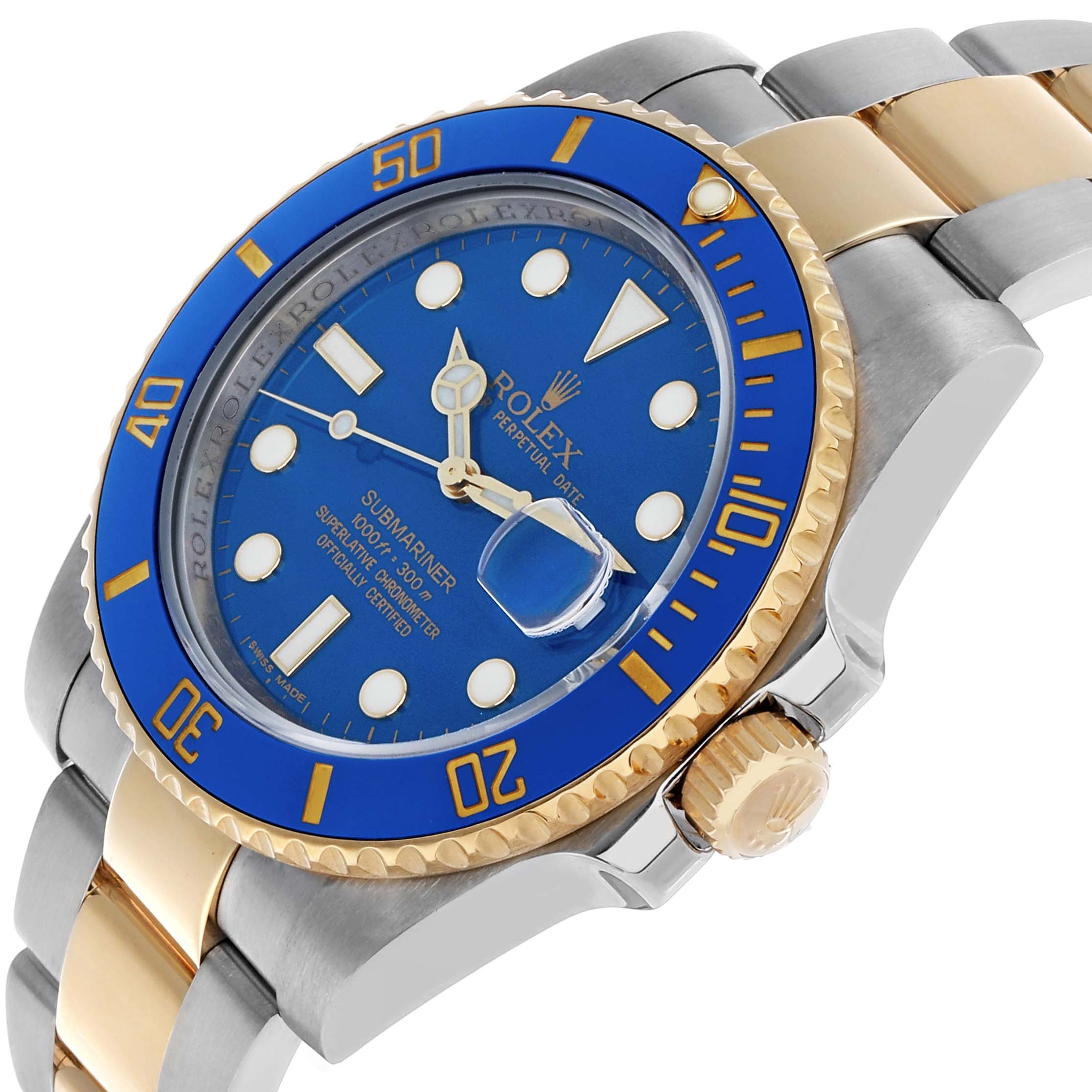 The image shows a Rolex Submariner 116613 Men's Steel and Gold (two tone) Blue Dial watch at an angle highlighting the blue dial, gold bezel, and two-tone bracelet.