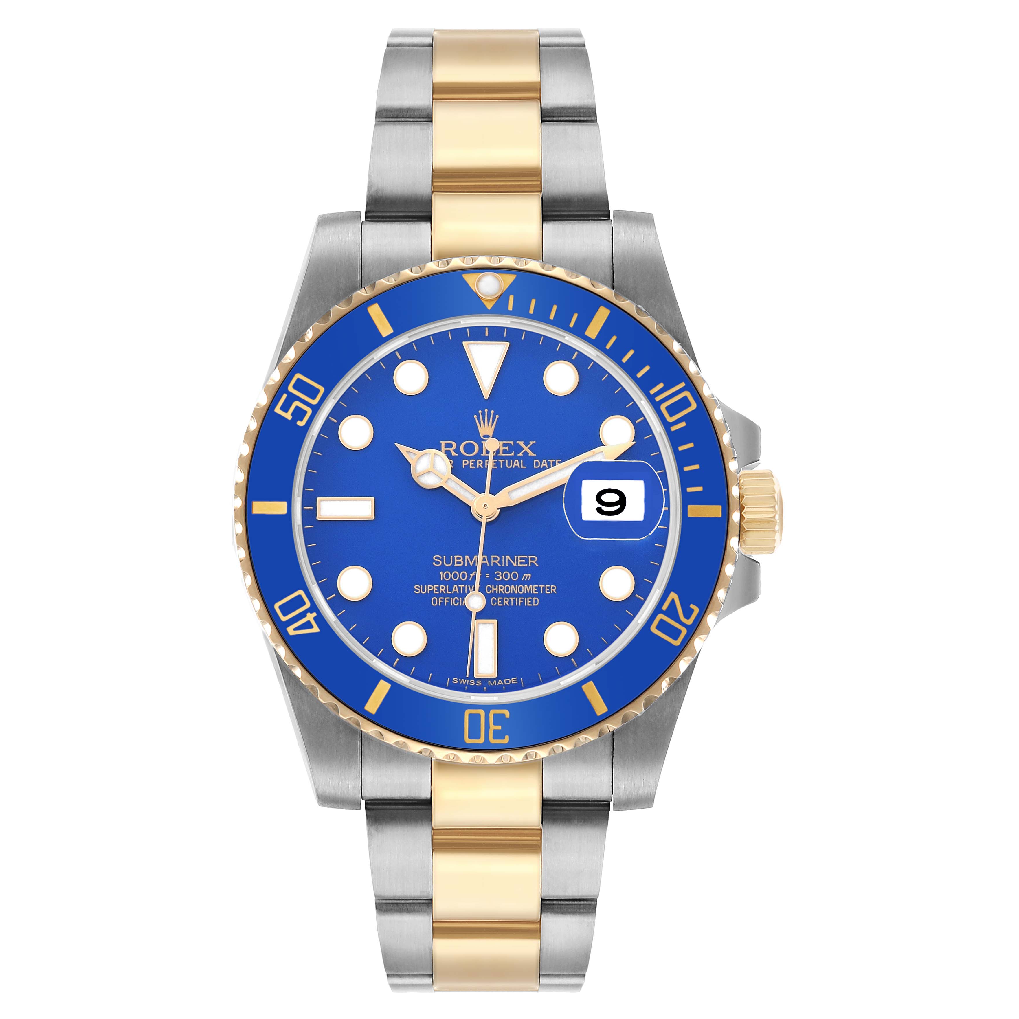 The Rolex Submariner 116613 Men's Steel and Gold (two tone) Blue Dial watch is shown from the front, highlighting the blue dial, bezel, date window, and two-tone bracelet.