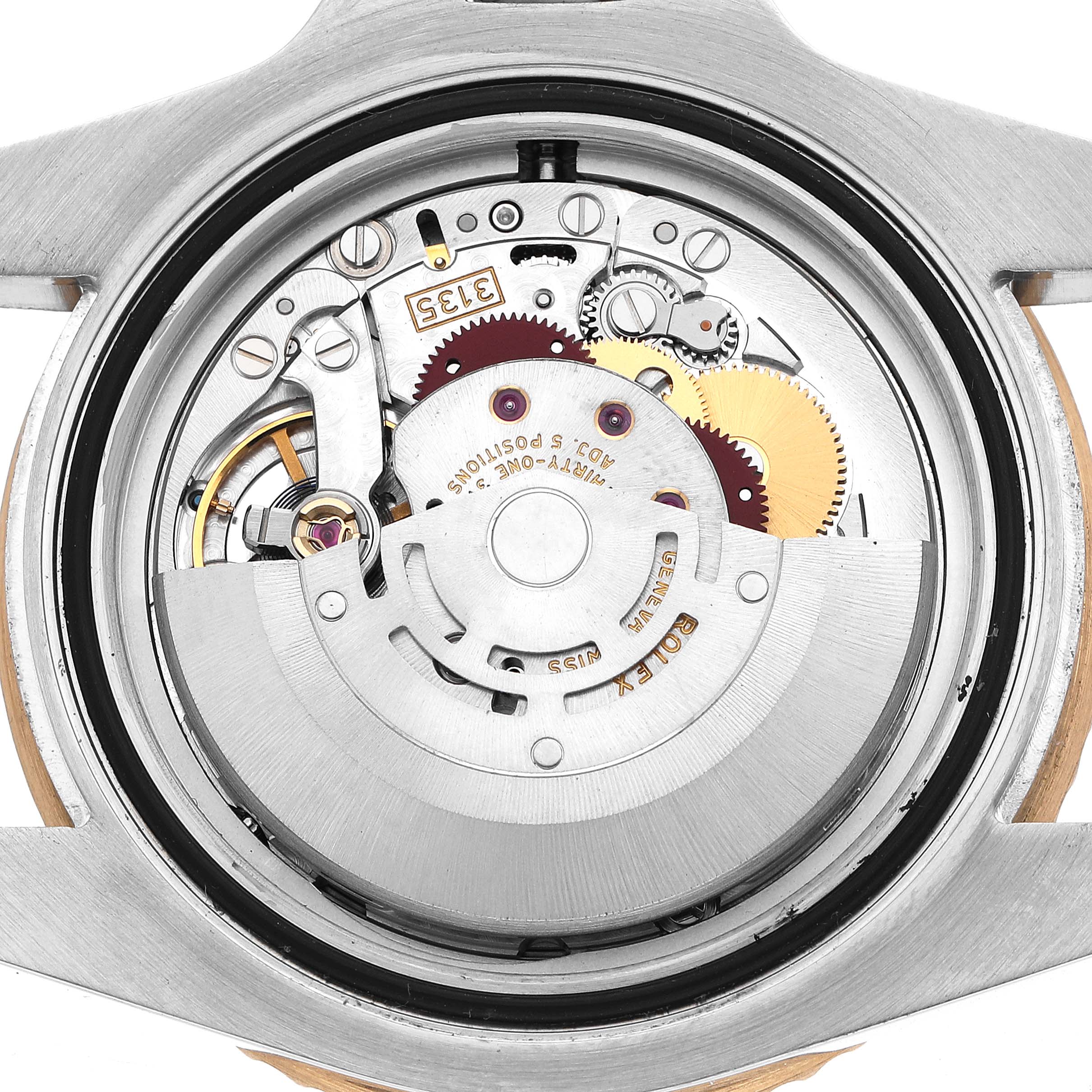 The image shows the movement mechanism of a Rolex Submariner 116613 Men's Steel and Gold (two tone) Blue Dial, viewed from the back.