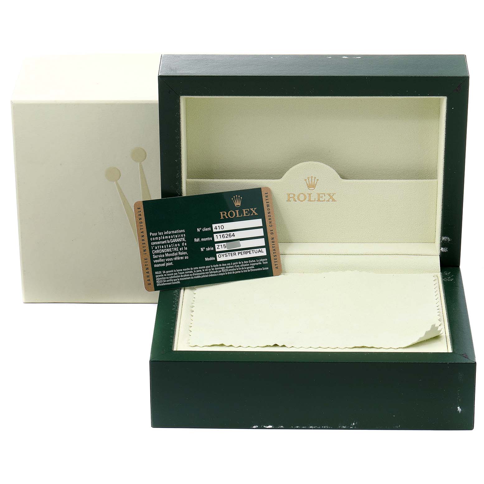 This image shows the packaging and authenticity card for the Rolex Turn-o-Graph 116264 Men's Stainless Steel White Dial 116264 Men's Stainless Steel White Dial model.