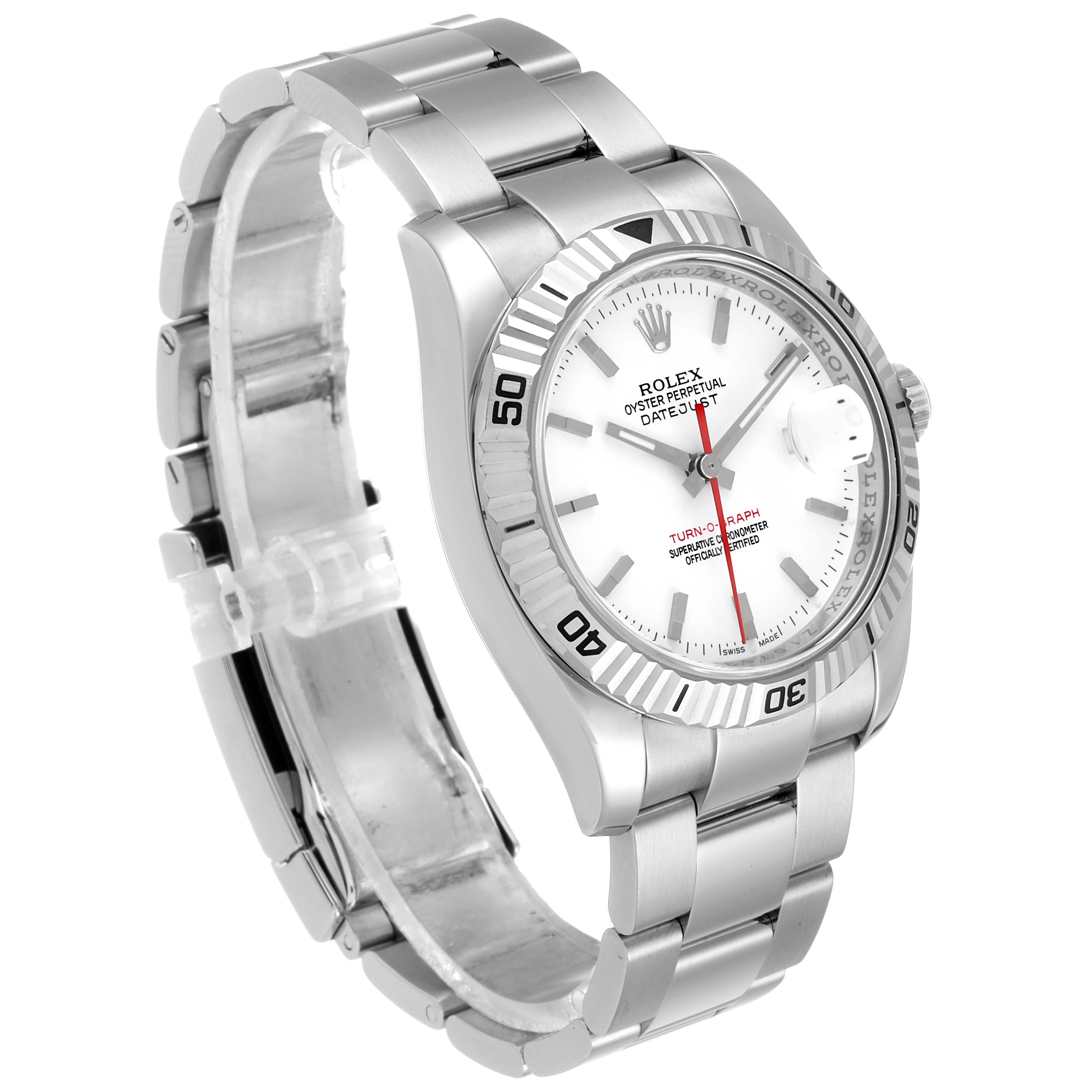 This image shows a Rolex Turn-o-Graph 116264 Men's Stainless Steel White Dial 116264 Men's Stainless Steel White Dial watch from an angled side view, highlighting its bracelet, bezel, and dial.