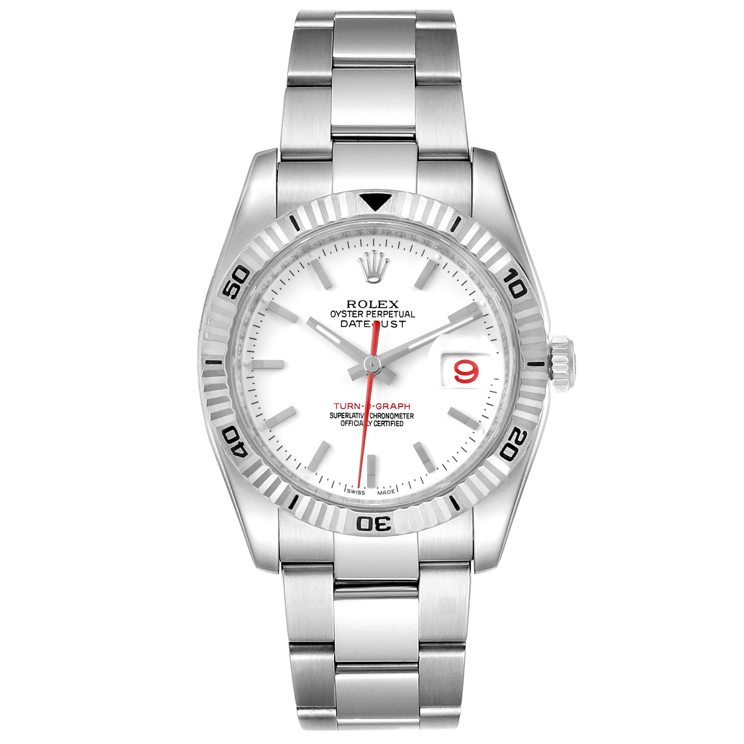 The image shows a front view of a Rolex Turn-o-Graph 116264 Men's Stainless Steel White Dial 116264 Men's Stainless Steel White Dial watch, displaying the dial, hands, bezel, and bracelet.