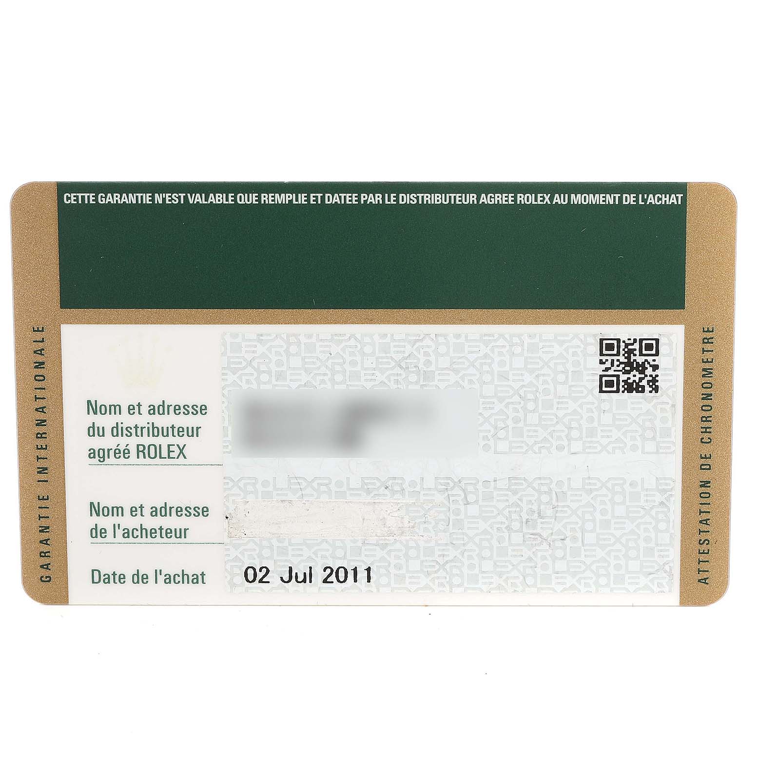 The image shows the warranty card for a Rolex Turn-o-Graph 116264 Men's Stainless Steel White Dial 116264 Men's Stainless Steel White Dial model, displaying purchase information and verification details.