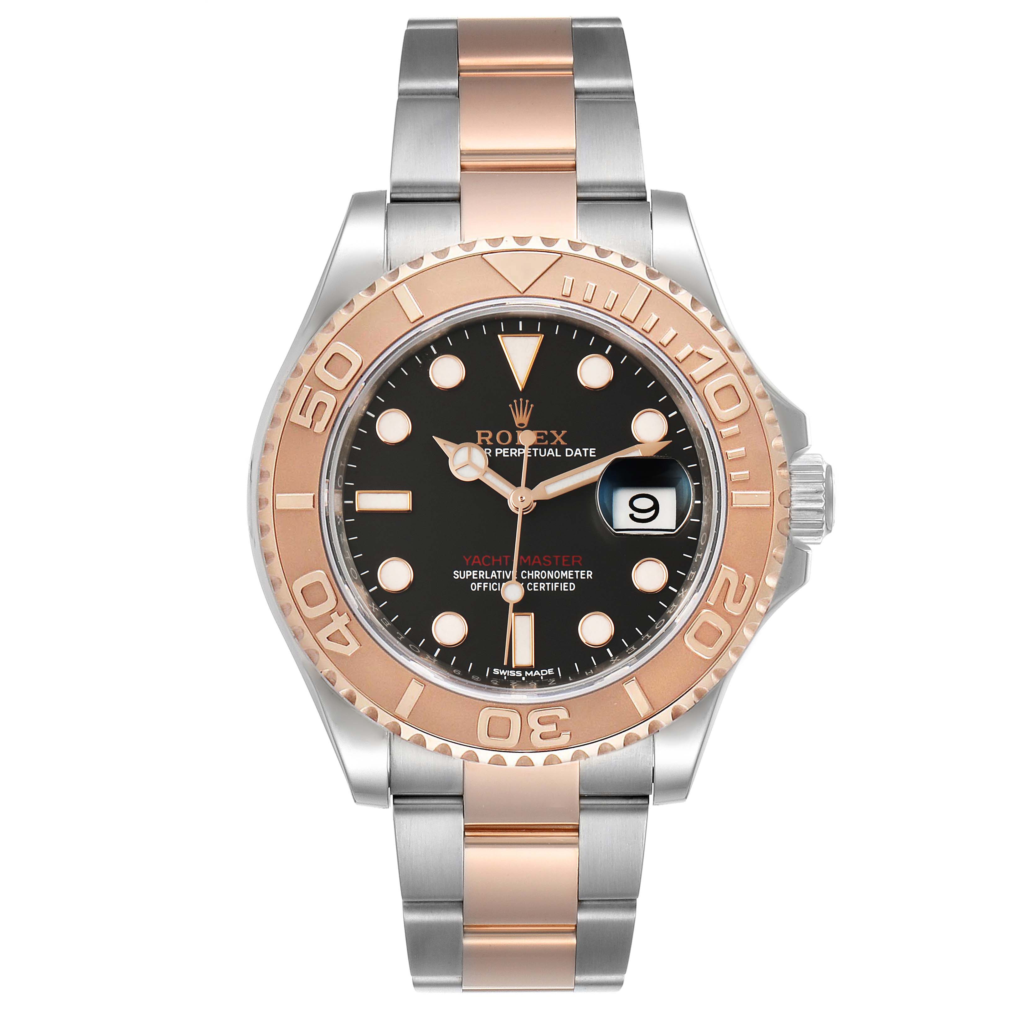 The image shows a front view of the Rolex Yacht-Master 116621 Men
s Steel and Gold (two tone) Black Dial 116621 Men
s Steel and Gold (two tone) Black Dial watch, highlighting the dial, bezel, and two-tone metal bracelet.
