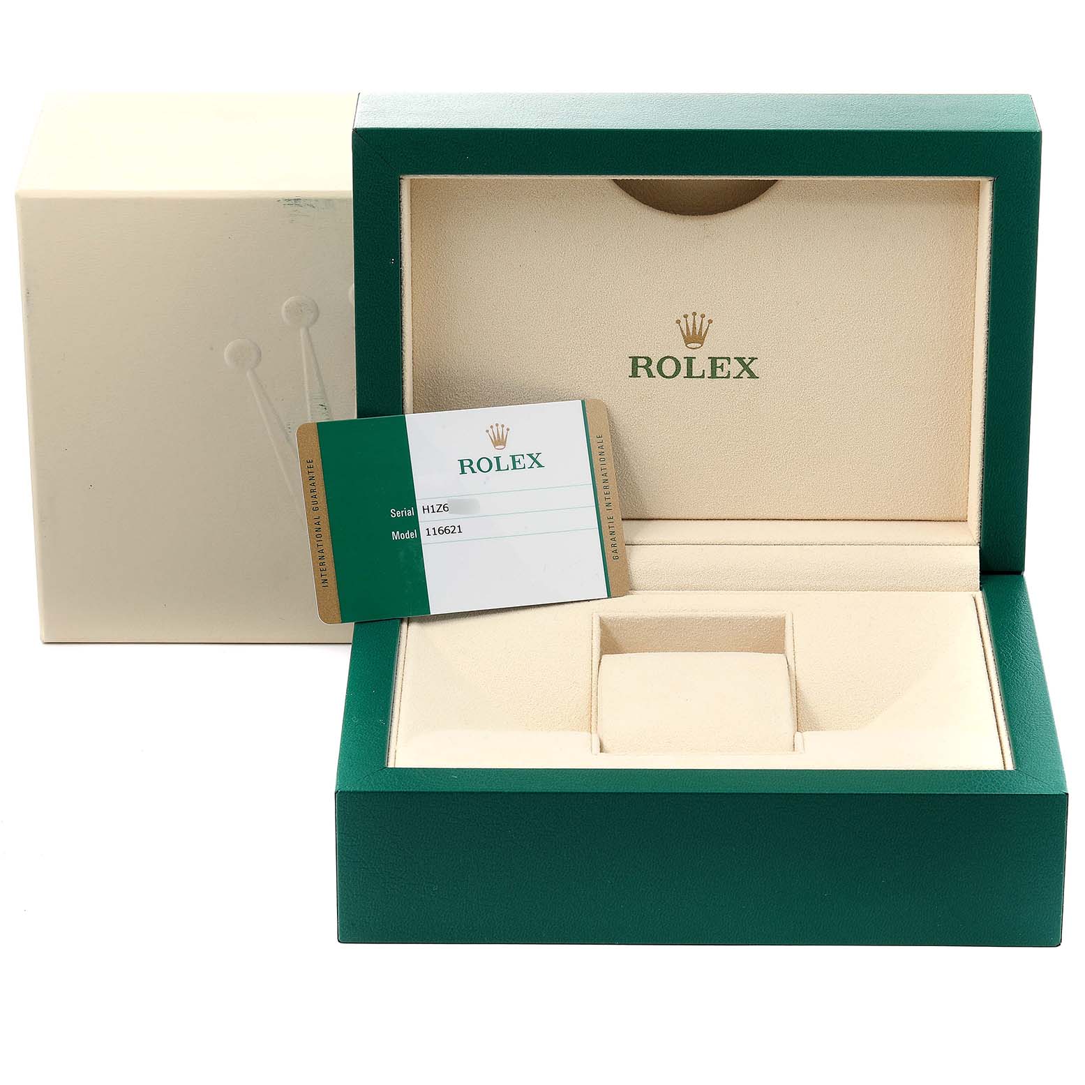 The image shows the open box and certificate card for a Rolex Yacht-Master 116621 Men
s Steel and Gold (two tone) Black Dial 116621 Men
s Steel and Gold (two tone) Black Dial watch, revealing the inner cushion and compartment.