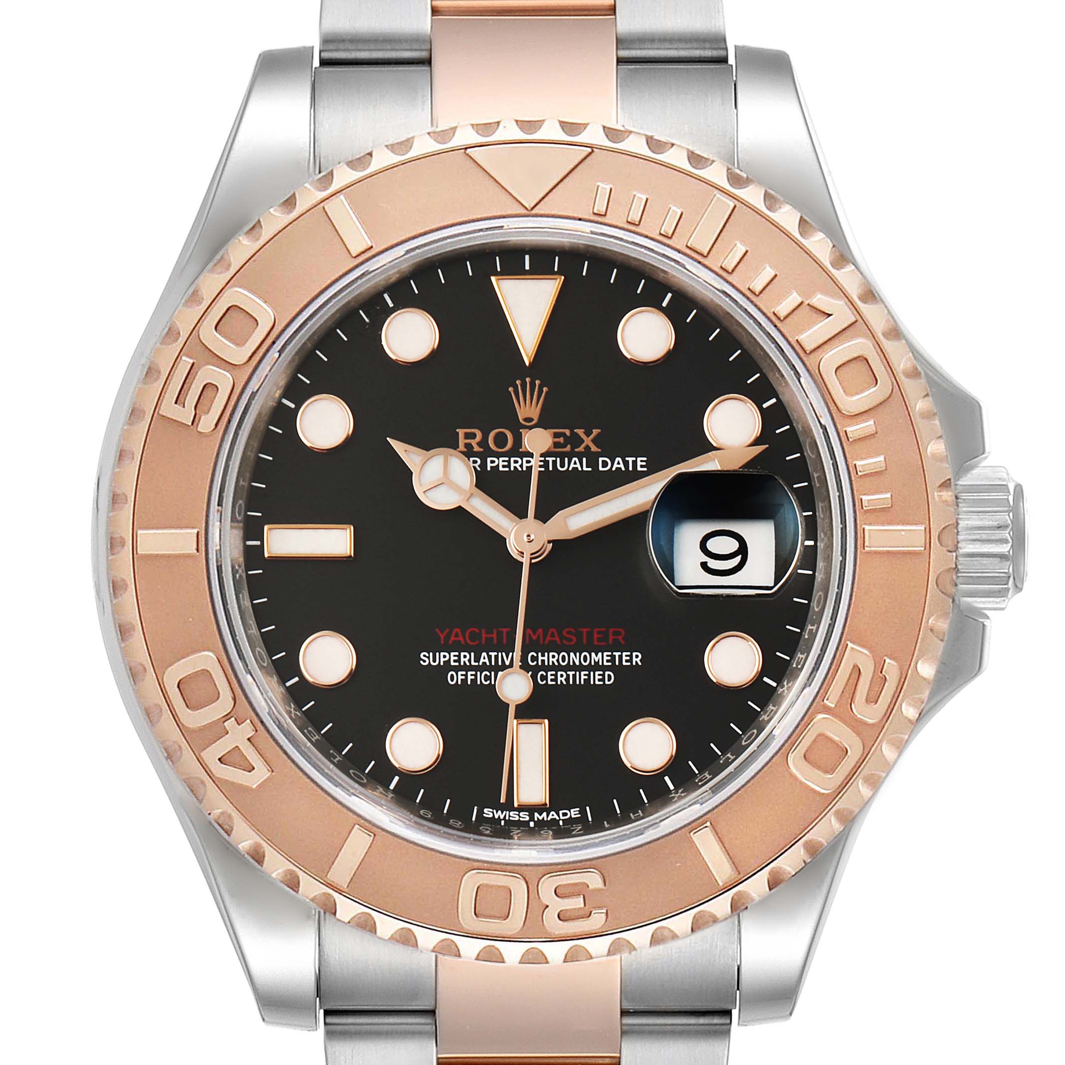 The Rolex Yacht-Master 116621 Men
s Steel and Gold (two tone) Black Dial 116621 Men
s Steel and Gold (two tone) Black Dial watch is shown from the front, highlighting the dial, bezel, and part of the bracelet.