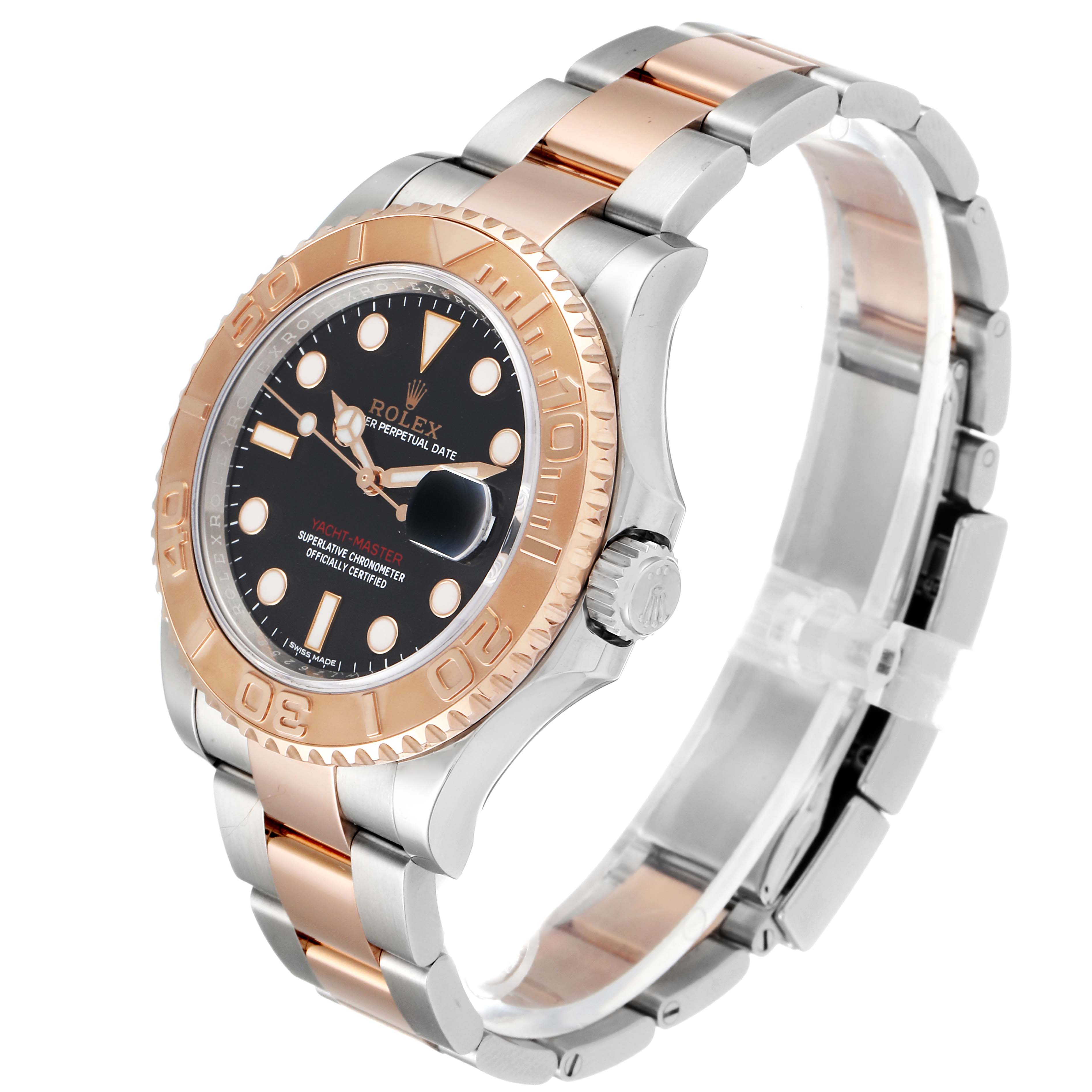 The Rolex Yacht-Master 116621 Men
s Steel and Gold (two tone) Black Dial 116621 Men
s Steel and Gold (two tone) Black Dial watch is shown at an angled side view, highlighting its rose gold bezel and two-tone bracelet.