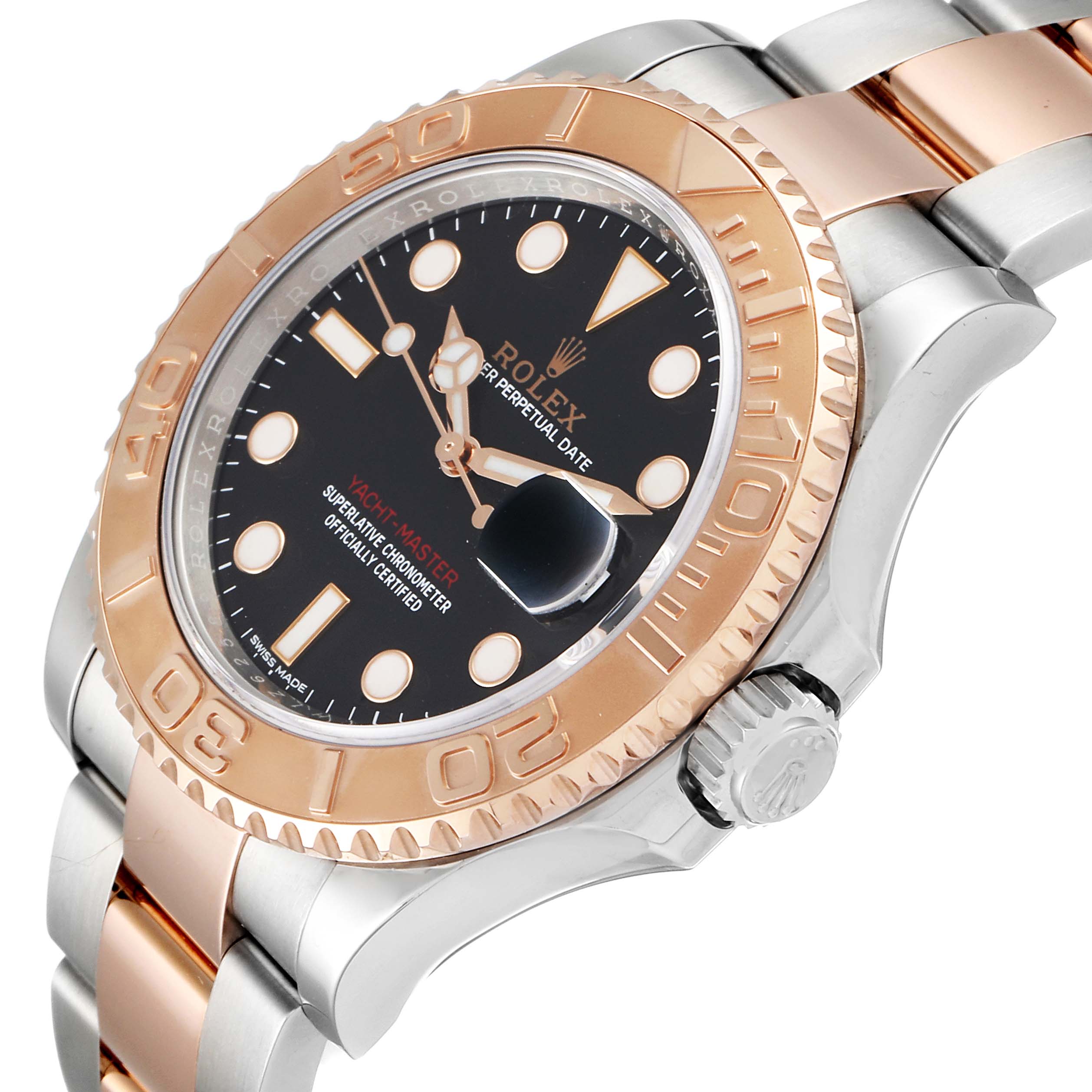 This image shows a close-up angle of the Rolex Yacht-Master 116621 Men
s Steel and Gold (two tone) Black Dial 116621 Men
s Steel and Gold (two tone) Black Dial watch, highlighting its black dial, rose gold bezel, and two-tone bracelet.