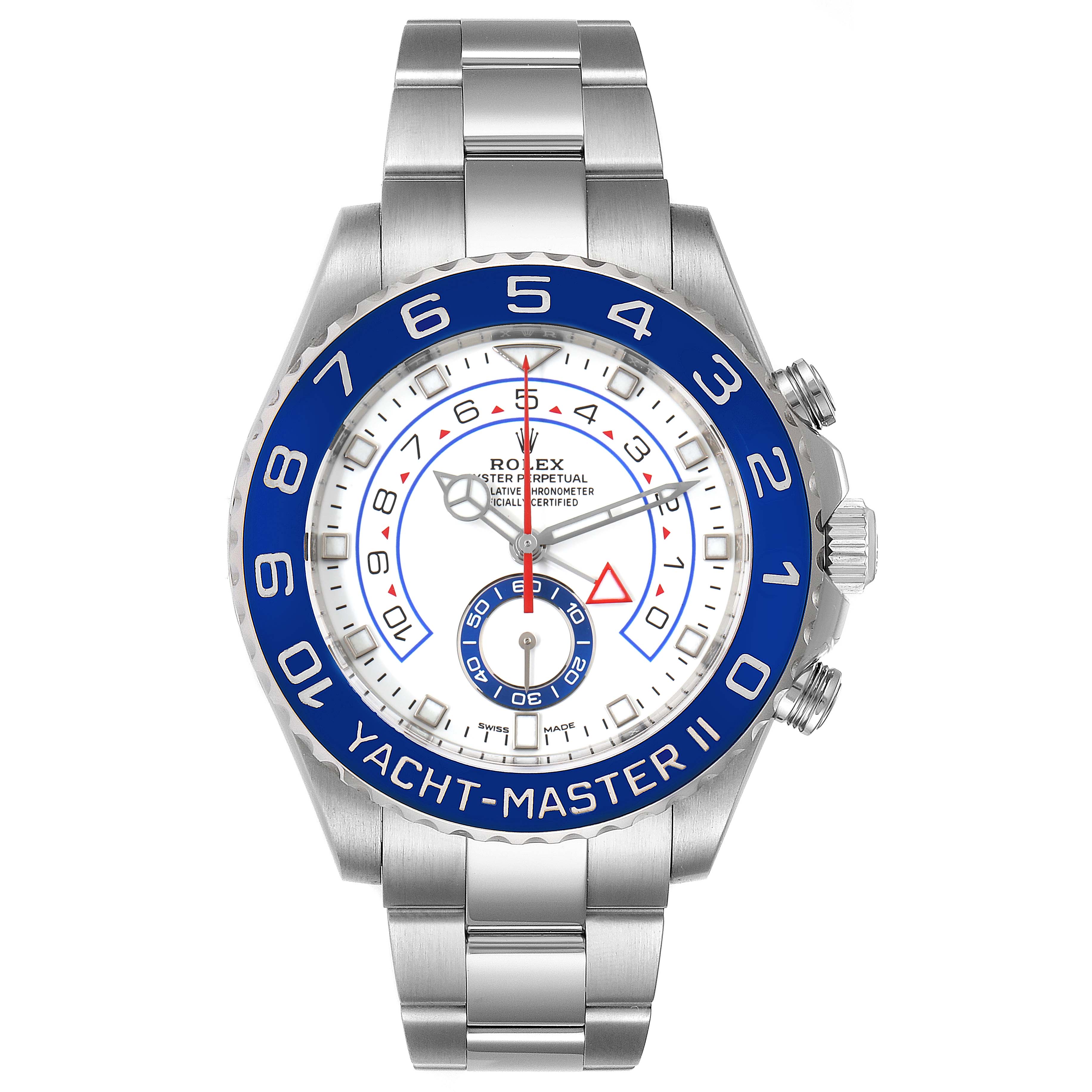 The image shows a frontal view of the Rolex Yacht-Master 116680 Men
s Stainless Steel White Dial 116680 Men
s Stainless Steel White Dial II watch, featuring its blue bezel, dial, and stainless steel bracelet.