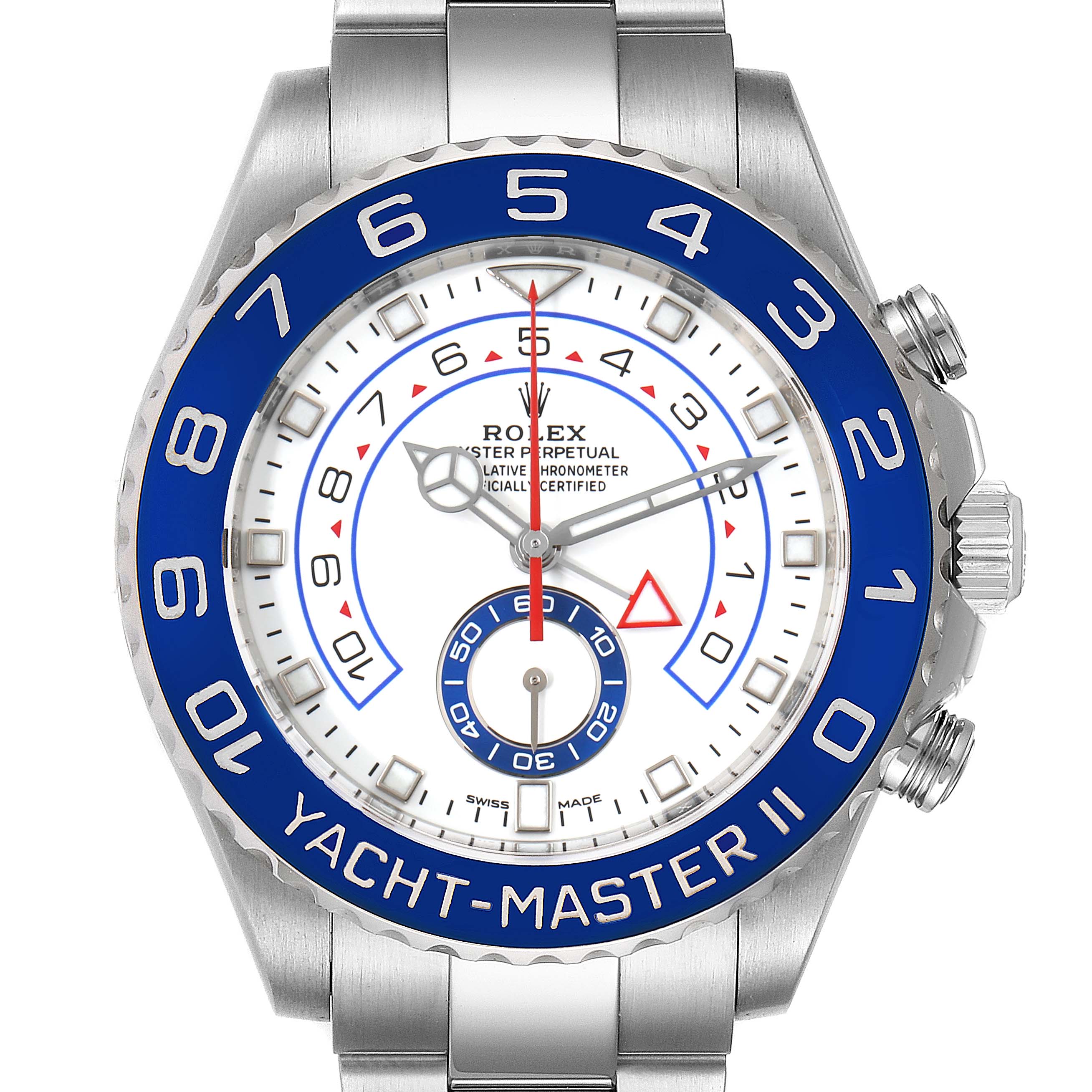 The Rolex Yacht-Master 116680 Men
s Stainless Steel White Dial 116680 Men
s Stainless Steel White Dial watch is shown from the front, highlighting the dial, hands, bezel, and part of the bracelet.
