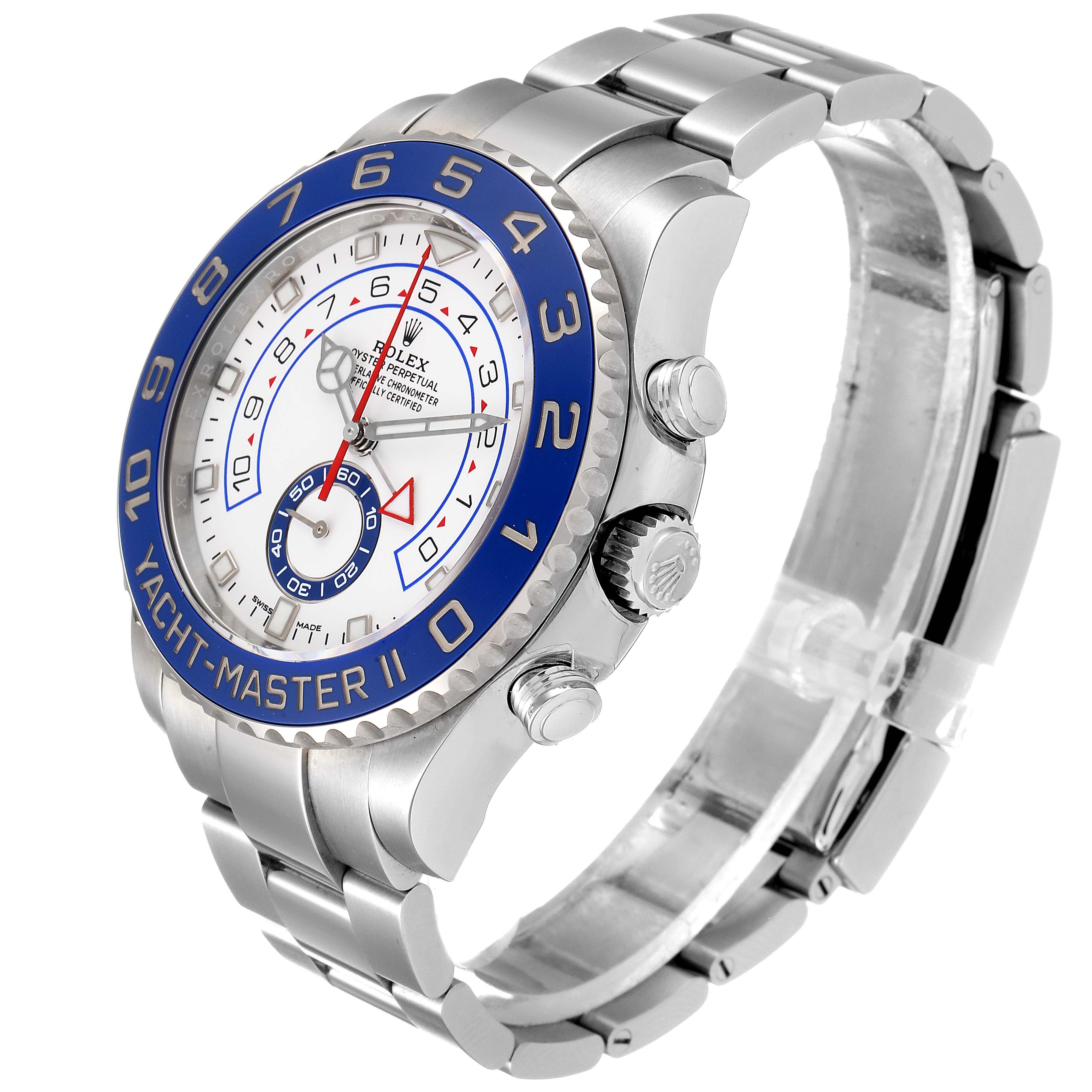 The image shows a side view of a Rolex Yacht-Master 116680 Men
s Stainless Steel White Dial 116680 Men
s Stainless Steel White Dial II watch, displaying the face, bezel, crown, and bracelet.
