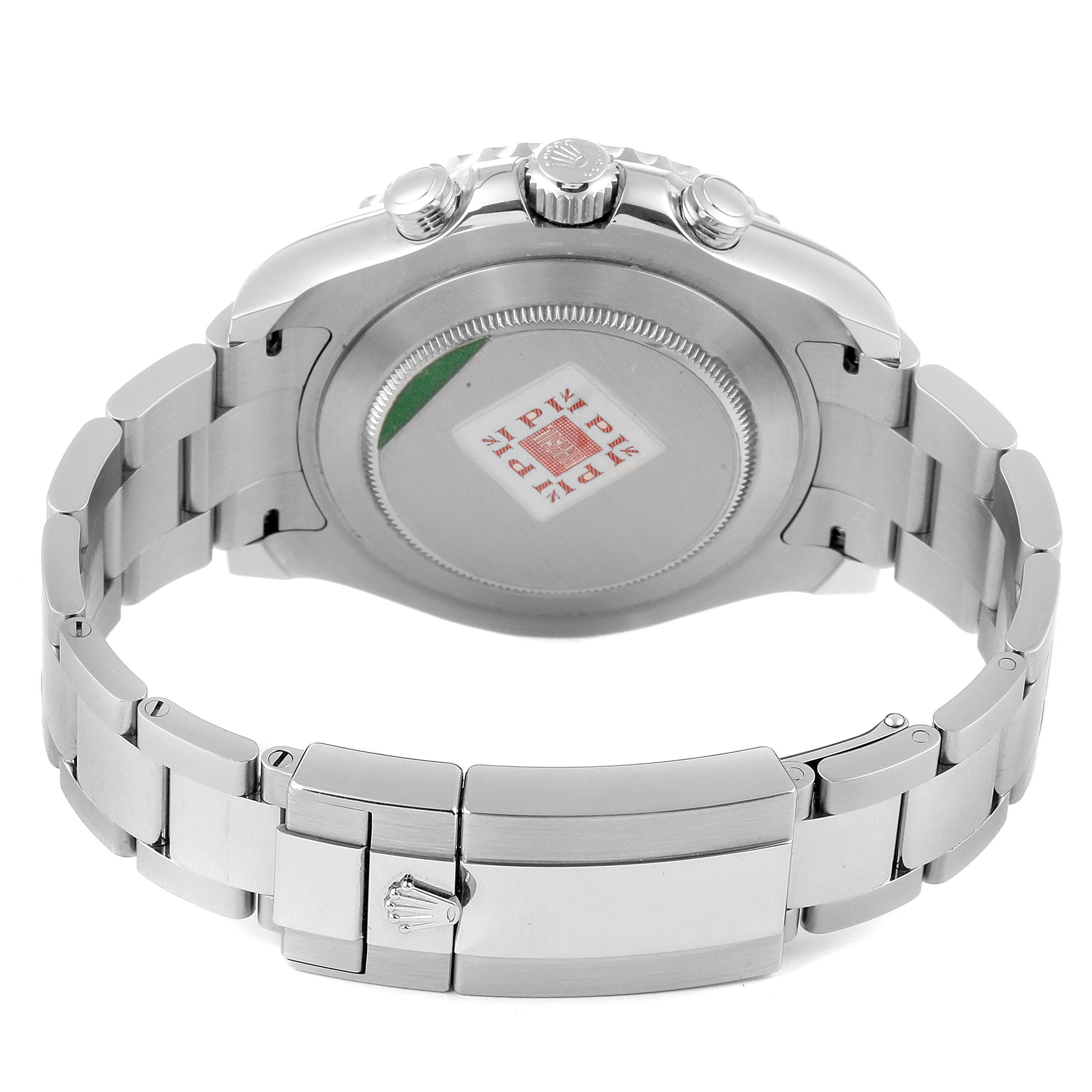 The image shows the back view of a Rolex Yacht-Master 116680 Men
s Stainless Steel White Dial 116680 Men
s Stainless Steel White Dial watch, including its case back, crown, and bracelet with clasp.