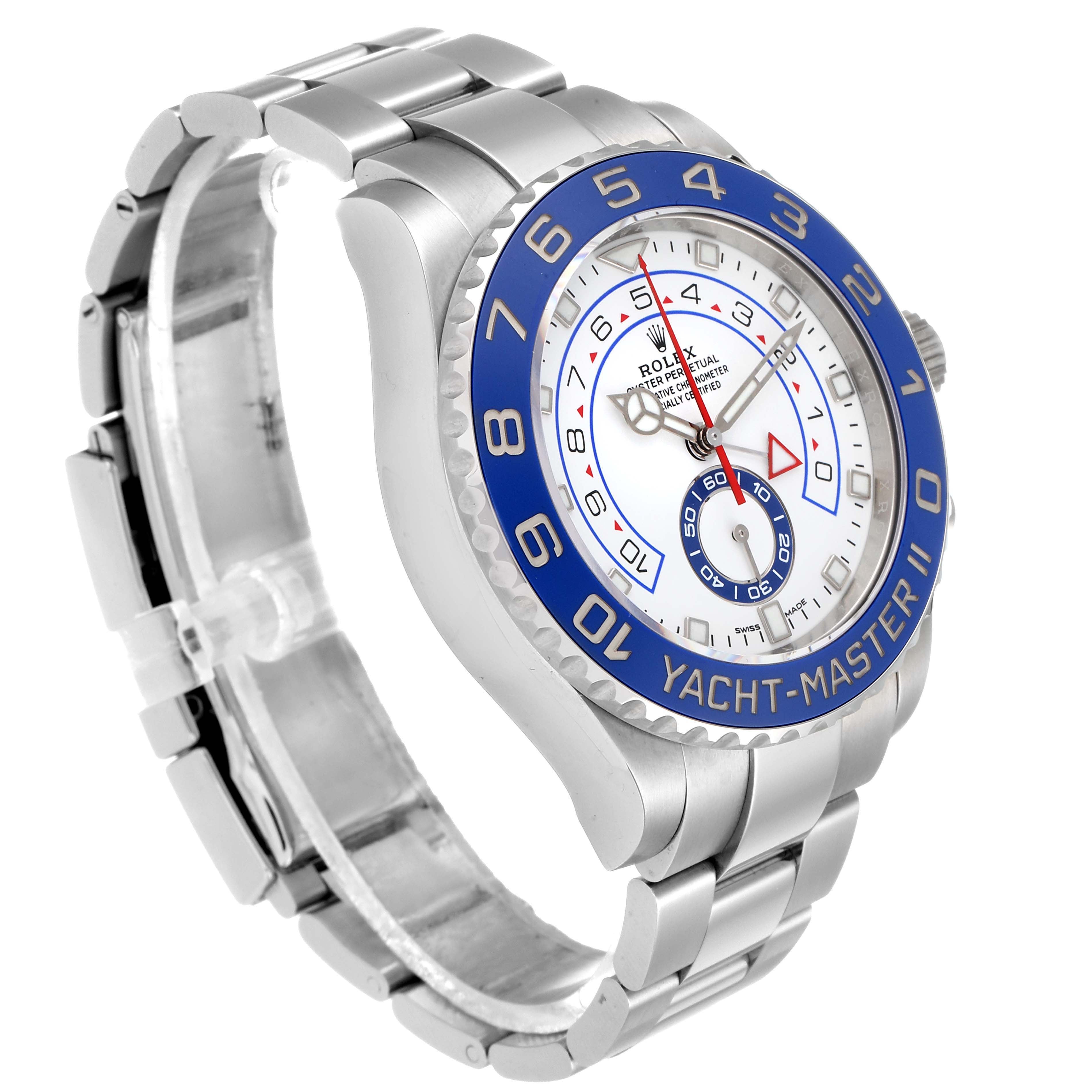 The image shows a side angle of the Rolex Yacht-Master 116680 Men
s Stainless Steel White Dial 116680 Men
s Stainless Steel White Dial II watch, highlighting the dial, bezel, and bracelet.