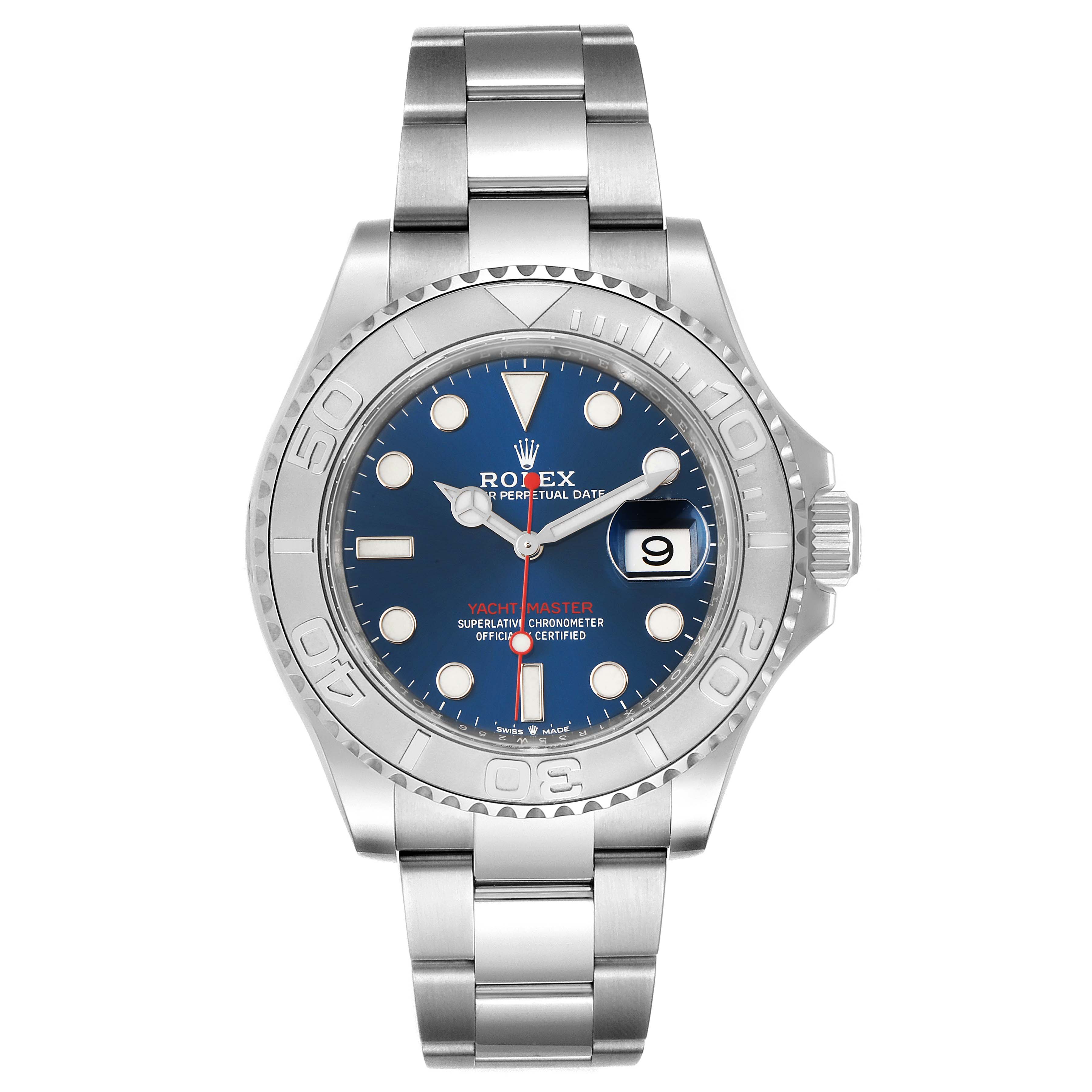 The image shows a Rolex Yacht-Master 126622 Men's Stainless Steel Blue Dial 126622 Men's Stainless Steel Blue Dial watch from a front angle, displaying its dial, hands, bezel, and bracelet.