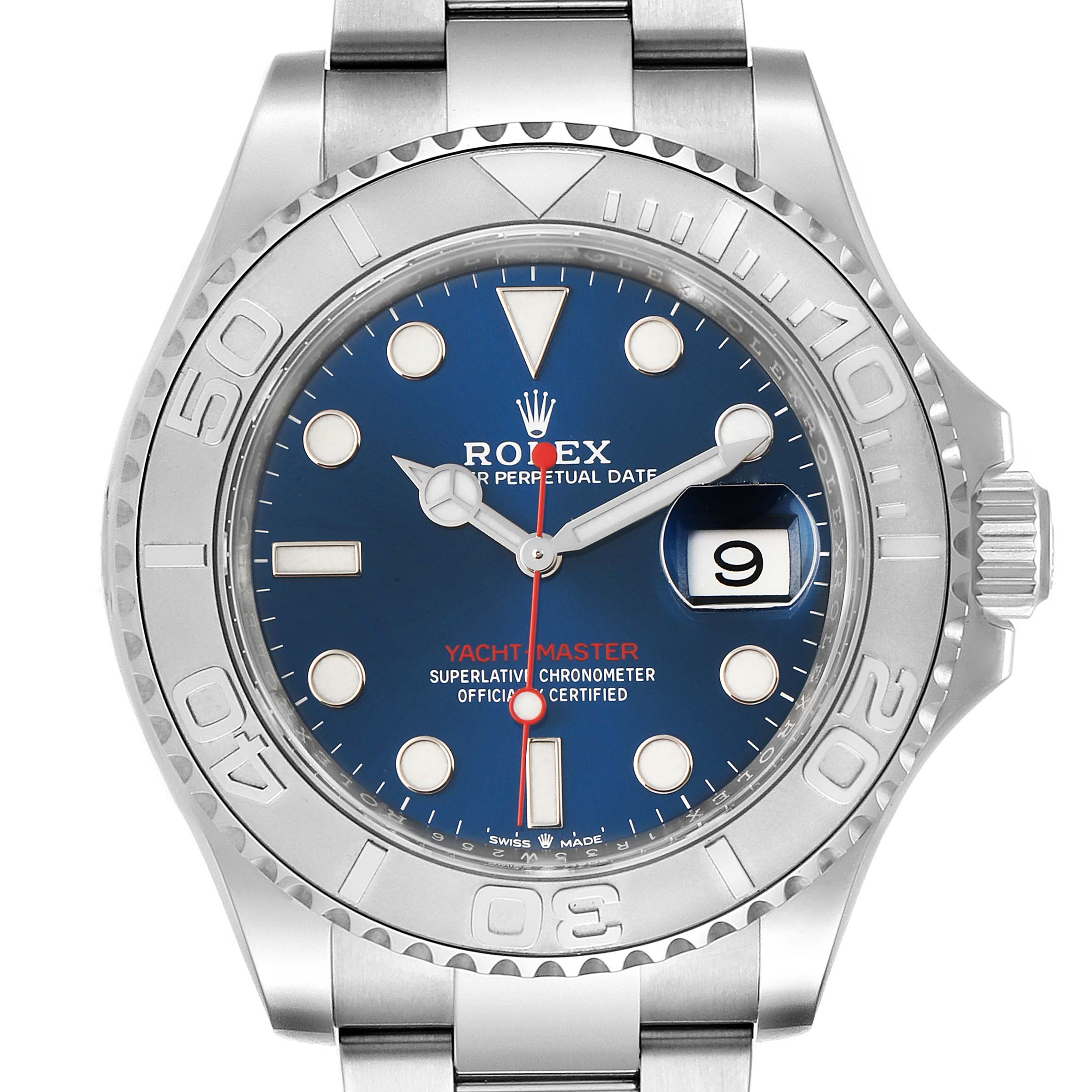 The image shows a front view of the Rolex Yacht-Master 126622 Men's Stainless Steel Blue Dial 126622 Men's Stainless Steel Blue Dial watch, highlighting its dial, bezel, hands, and bracelet.