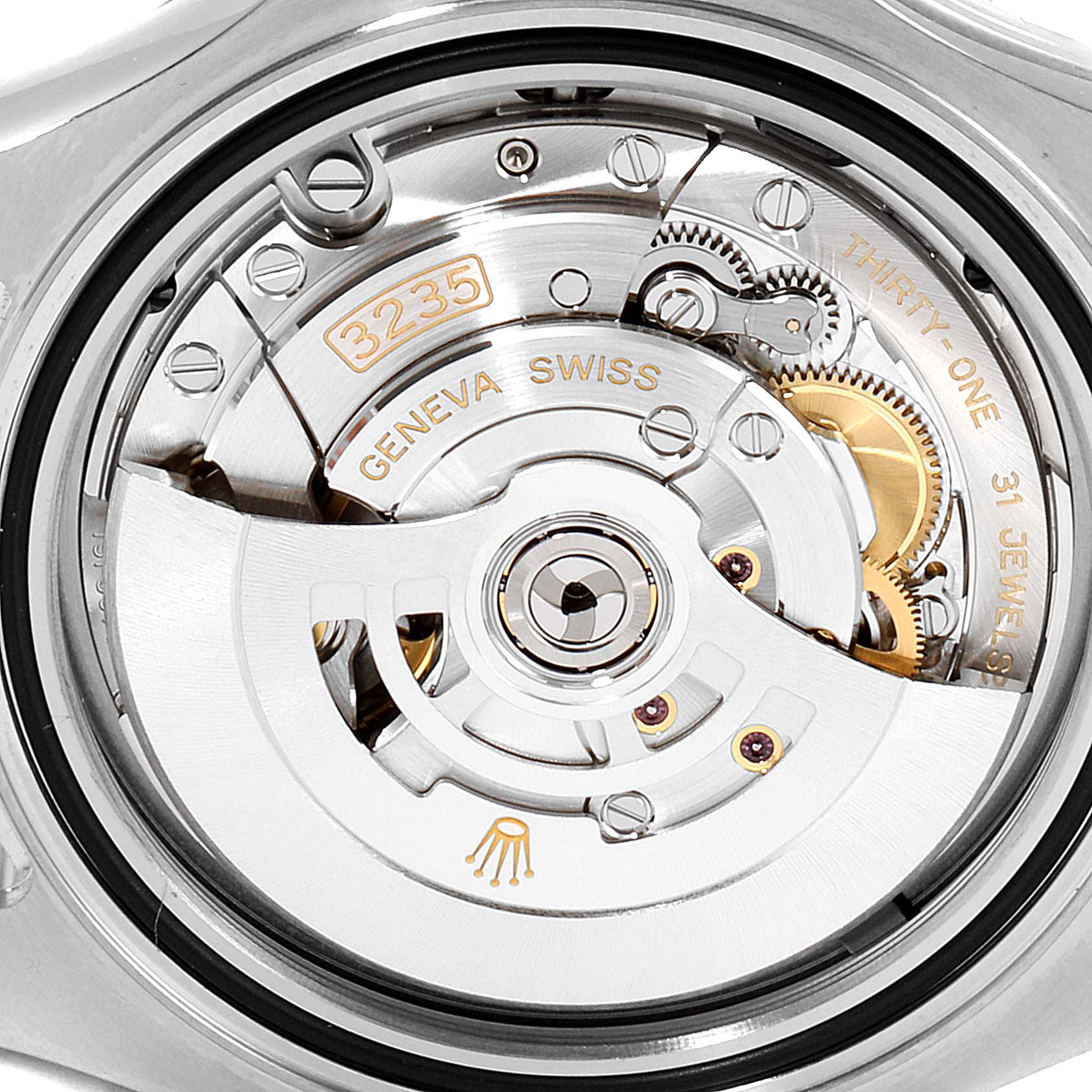 The image shows the movement mechanism from the back of a Rolex Yacht-Master 126622 Men's Stainless Steel Blue Dial 126622 Men's Stainless Steel Blue Dial watch, highlighting gears and the rotor.