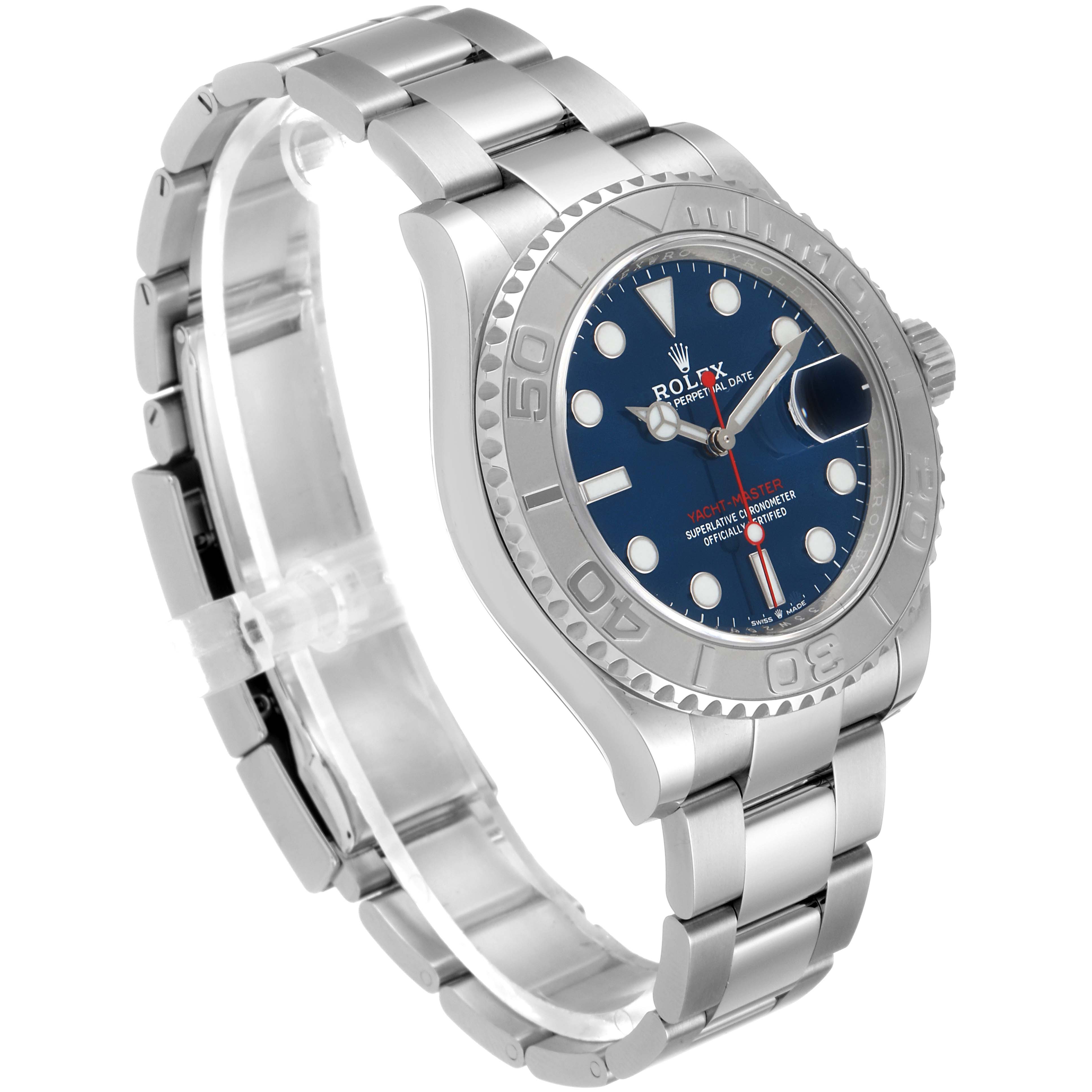 The Yacht-Master model by Rolex is shown at a 3/4 angle, highlighting the watch face, bezel, and metal bracelet.