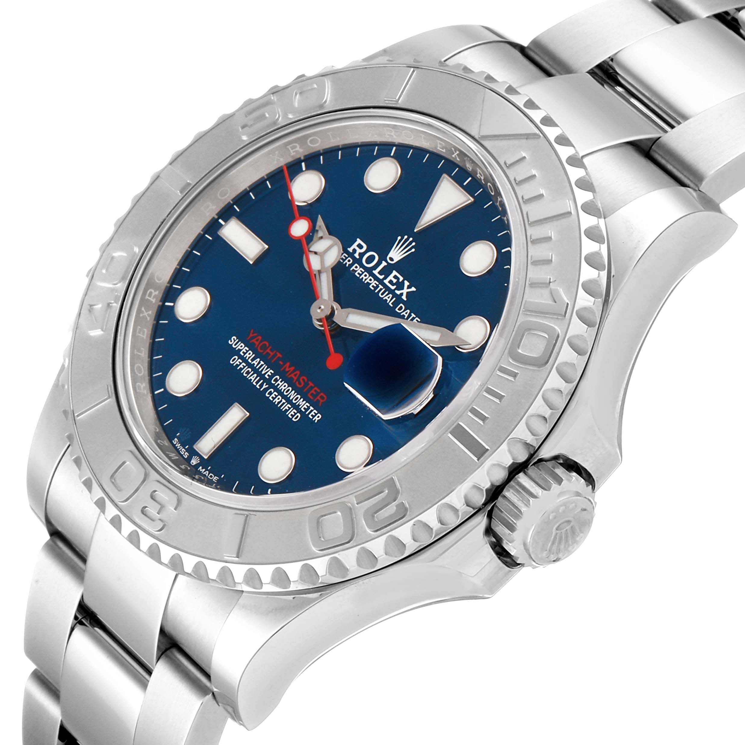 This Rolex Yacht-Master 126622 Men's Stainless Steel Blue Dial 126622 Men's Stainless Steel Blue Dial watch is shown at an angle, displaying its dial, bezel, and part of the bracelet.