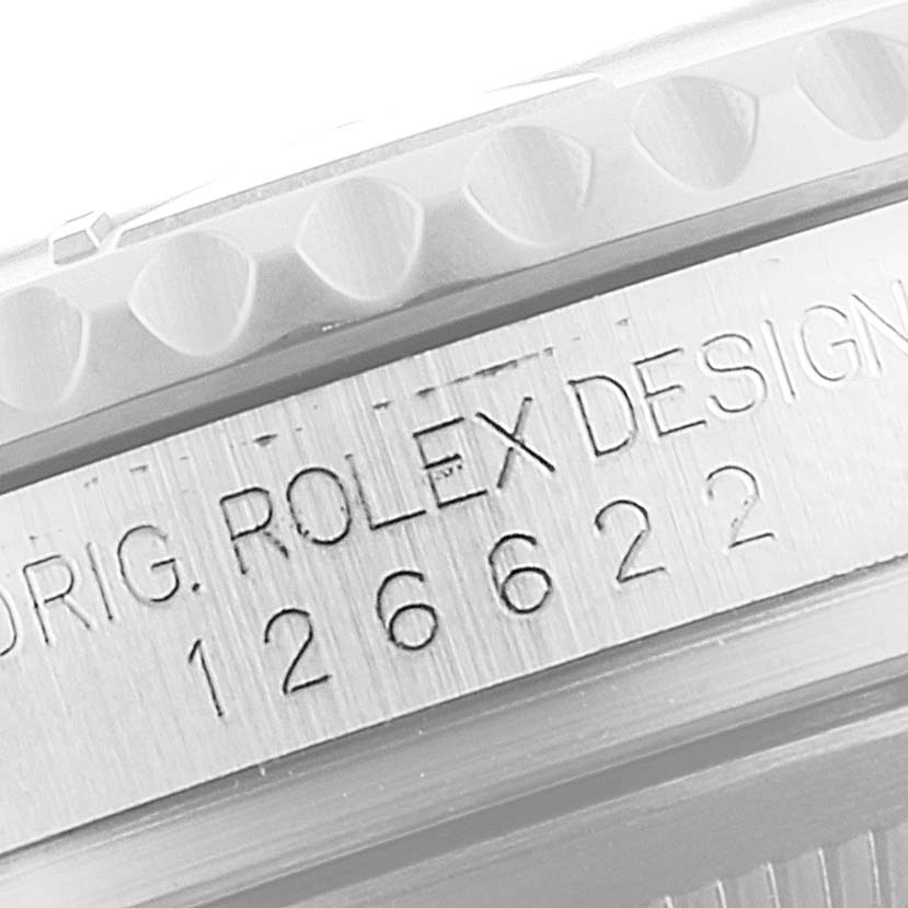 The image shows a close-up of the engraved model number and bezel of a Rolex Yacht-Master 126622 Men's Stainless Steel Blue Dial 126622 Men's Stainless Steel Blue Dial watch.