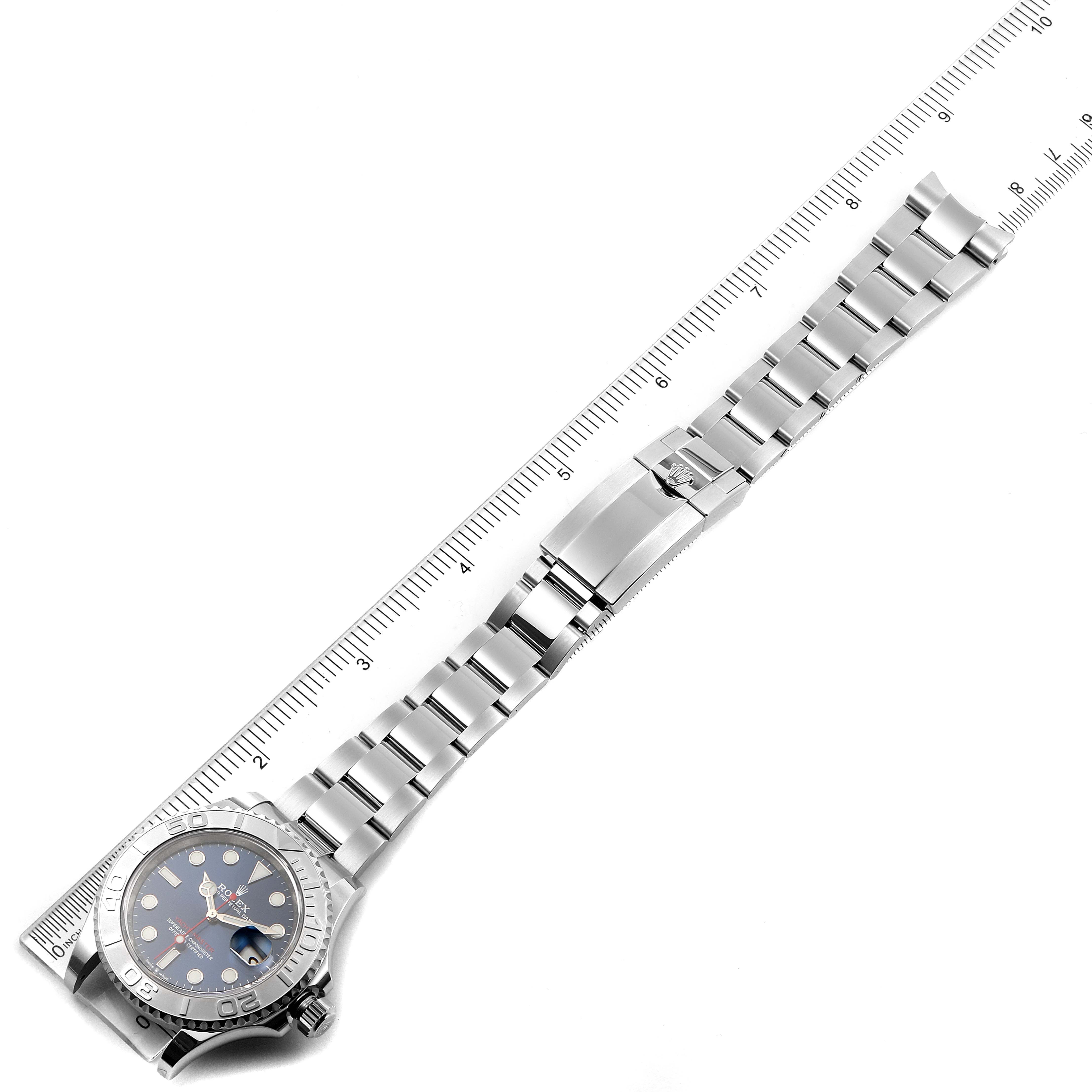 The Rolex Yacht-Master 126622 Men's Stainless Steel Blue Dial 126622 Men's Stainless Steel Blue Dial watch is shown from an overhead angle, displaying its full bracelet, clasp, and watch case.