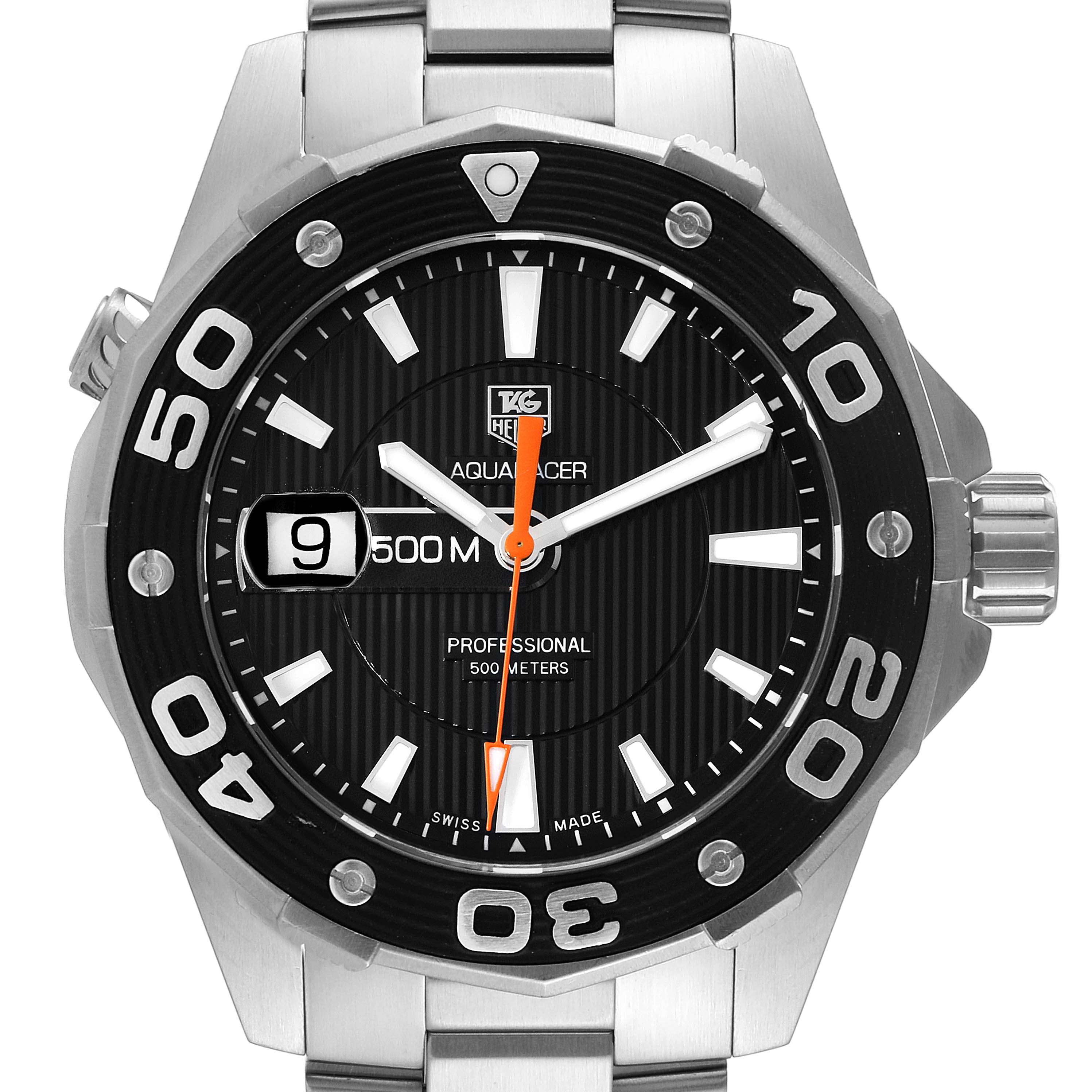 The image shows a frontal view of the Tag Heuer Aquaracer WAJ1110.BA0871 Men
s Stainless Steel Black Dial WAJ1110.BA0871 Men
s Stainless Steel Black Dial watch, displaying its black dial, bezel, and stainless-steel bracelet.