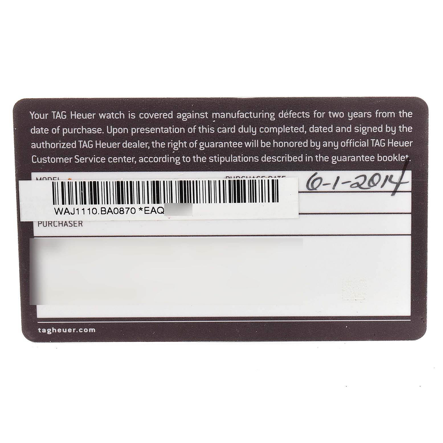 This shows a warranty card for the Tag Heuer Aquaracer WAJ1110.BA0871 Men
s Stainless Steel Black Dial WAJ1110.BA0871 Men
s Stainless Steel Black Dial watch with model WAJ1110.BA0870.