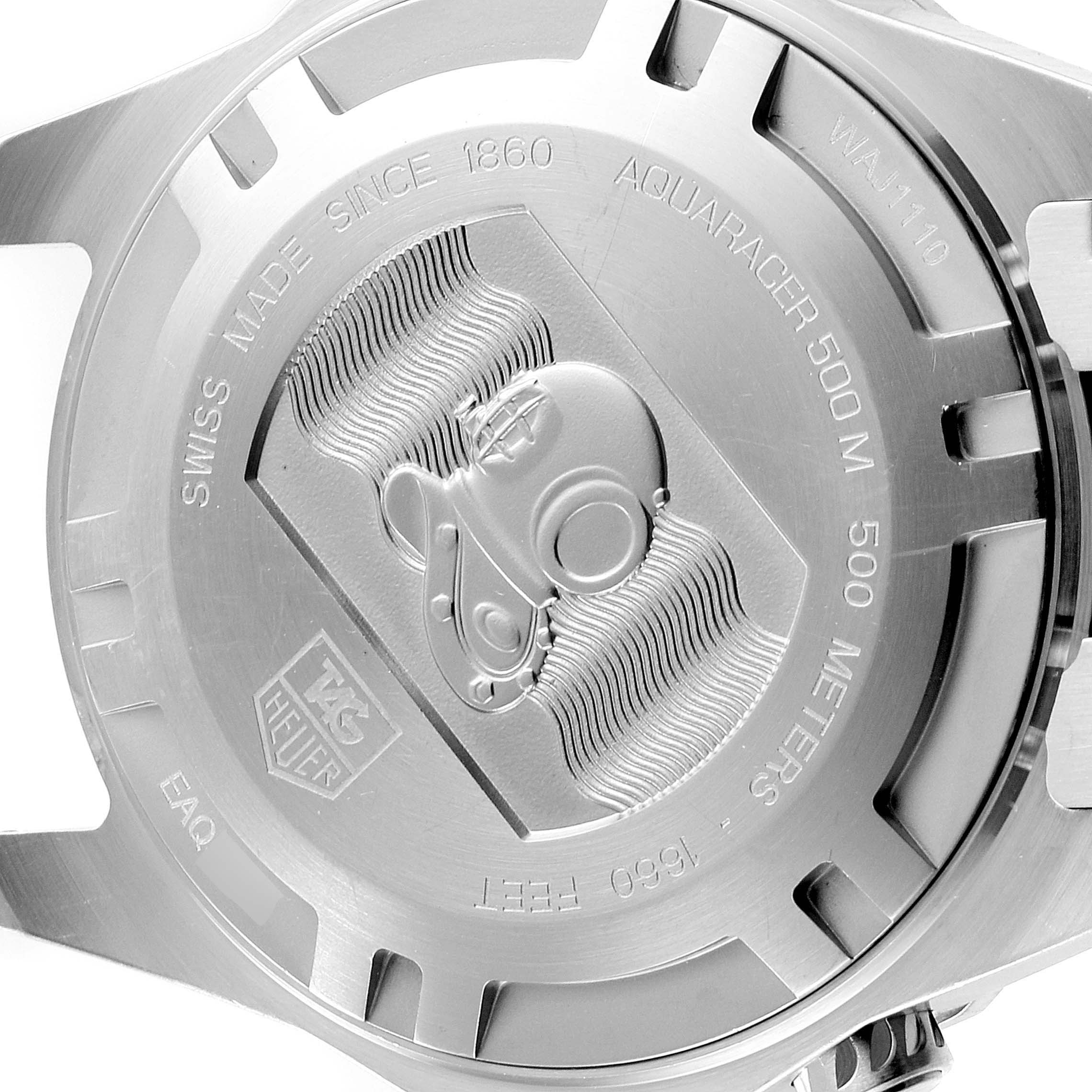 This image shows the back case of a Tag Heuer Aquaracer WAJ1110.BA0871 Men
s Stainless Steel Black Dial WAJ1110.BA0871 Men
s Stainless Steel Black Dial watch, highlighting its engraved details and branding.
