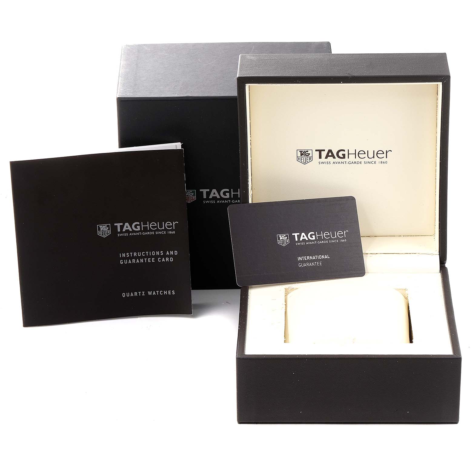 The image shows the packaging, box, instruction manual, and international guarantee card for the Tag Heuer Aquaracer WAJ1110.BA0871 Men
s Stainless Steel Black Dial WAJ1110.BA0871 Men
s Stainless Steel Black Dial watch.